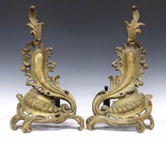 Sheffield NYC Antique Louis XV Rococo Style Gilt Brass Fireplace Andiron Pair