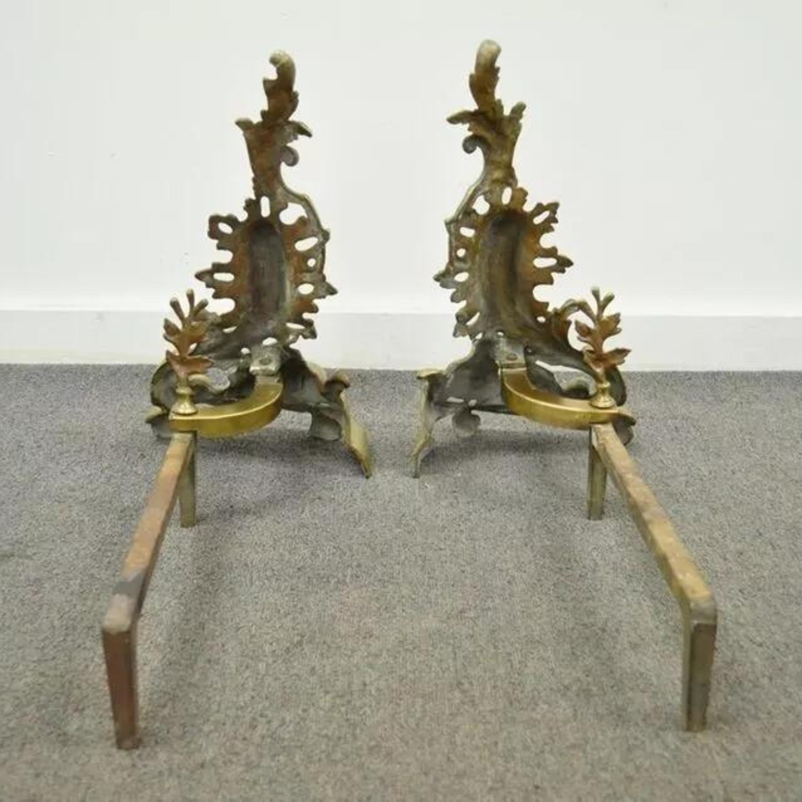 Antique French Louis XV Rococo Style Bronze Brass Acanthus Andirons - a Pair For Sale 6