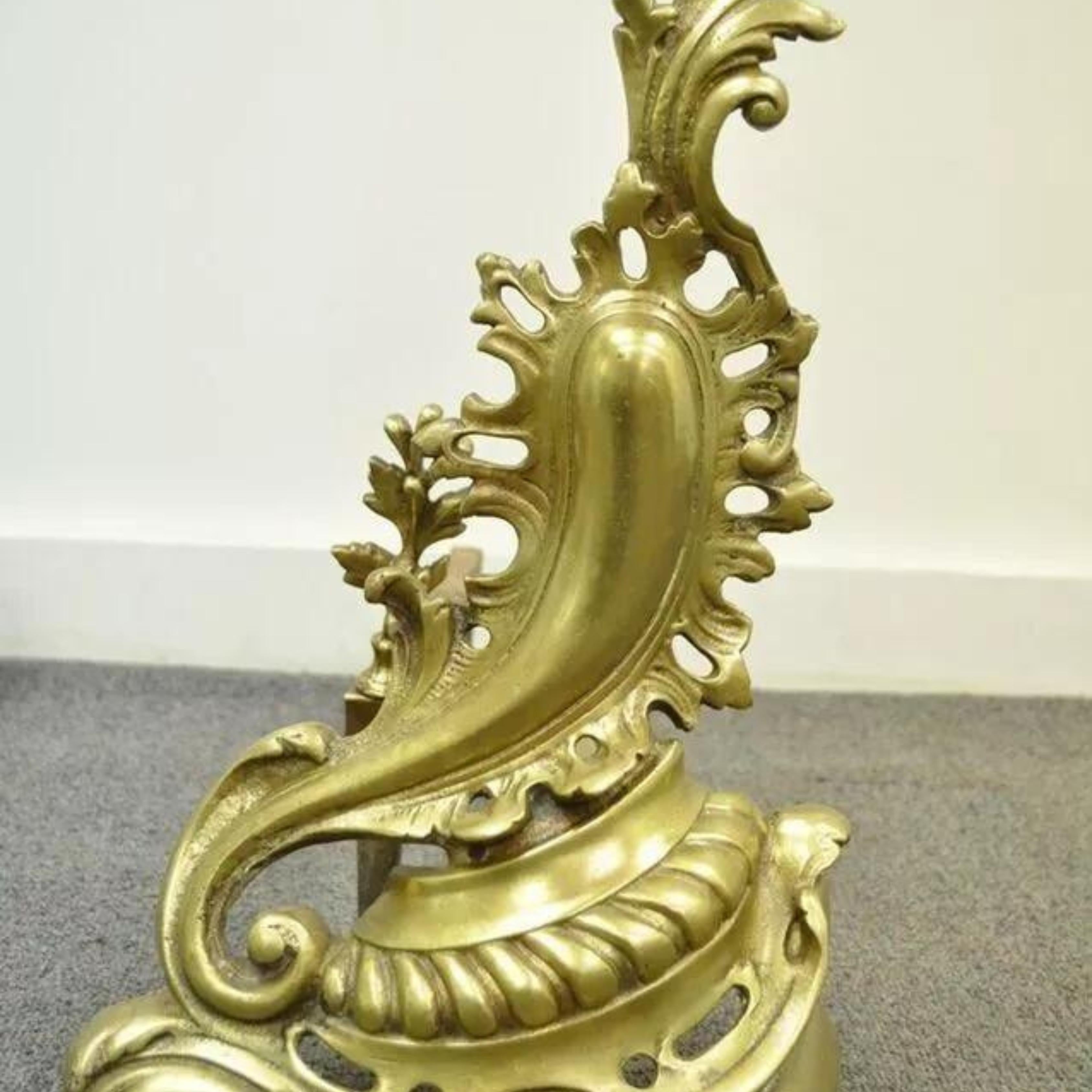 Antique French Louis XV Rococo Style Bronze Brass Acanthus Andirons - a Pair In Good Condition For Sale In Philadelphia, PA