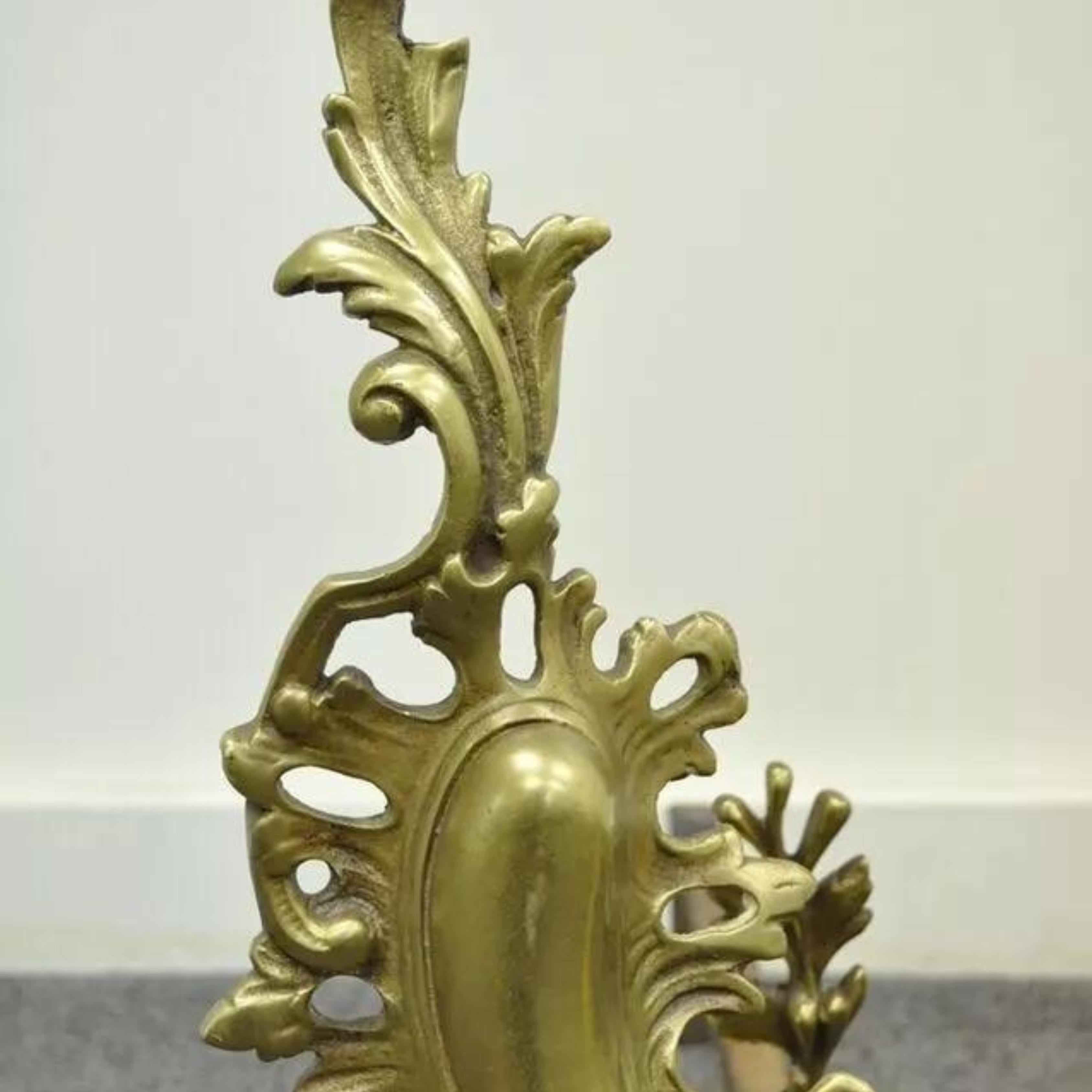 Early 20th Century Antique French Louis XV Rococo Style Bronze Brass Acanthus Andirons - a Pair For Sale