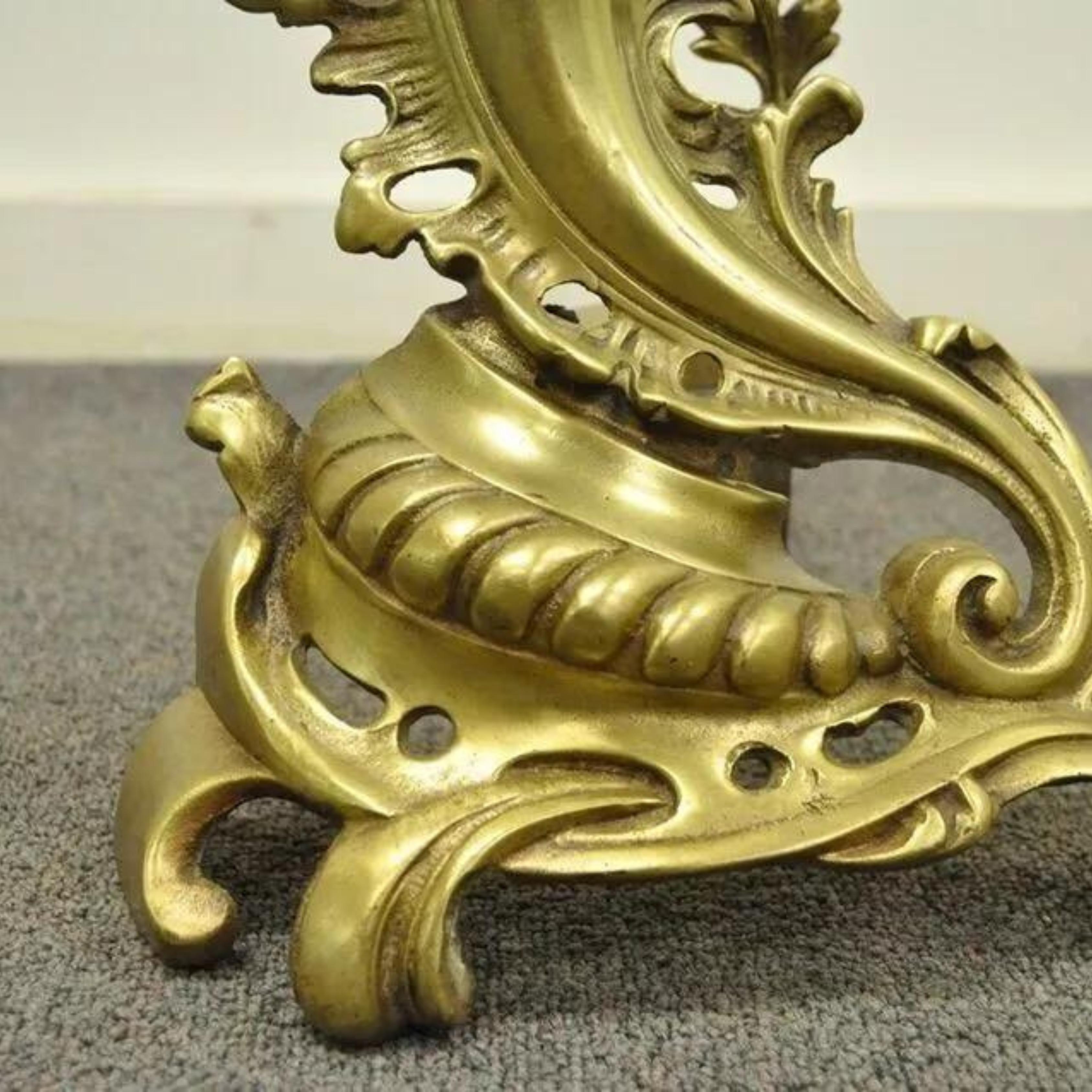 Antique French Louis XV Rococo Style Bronze Brass Acanthus Andirons - a Pair For Sale 2