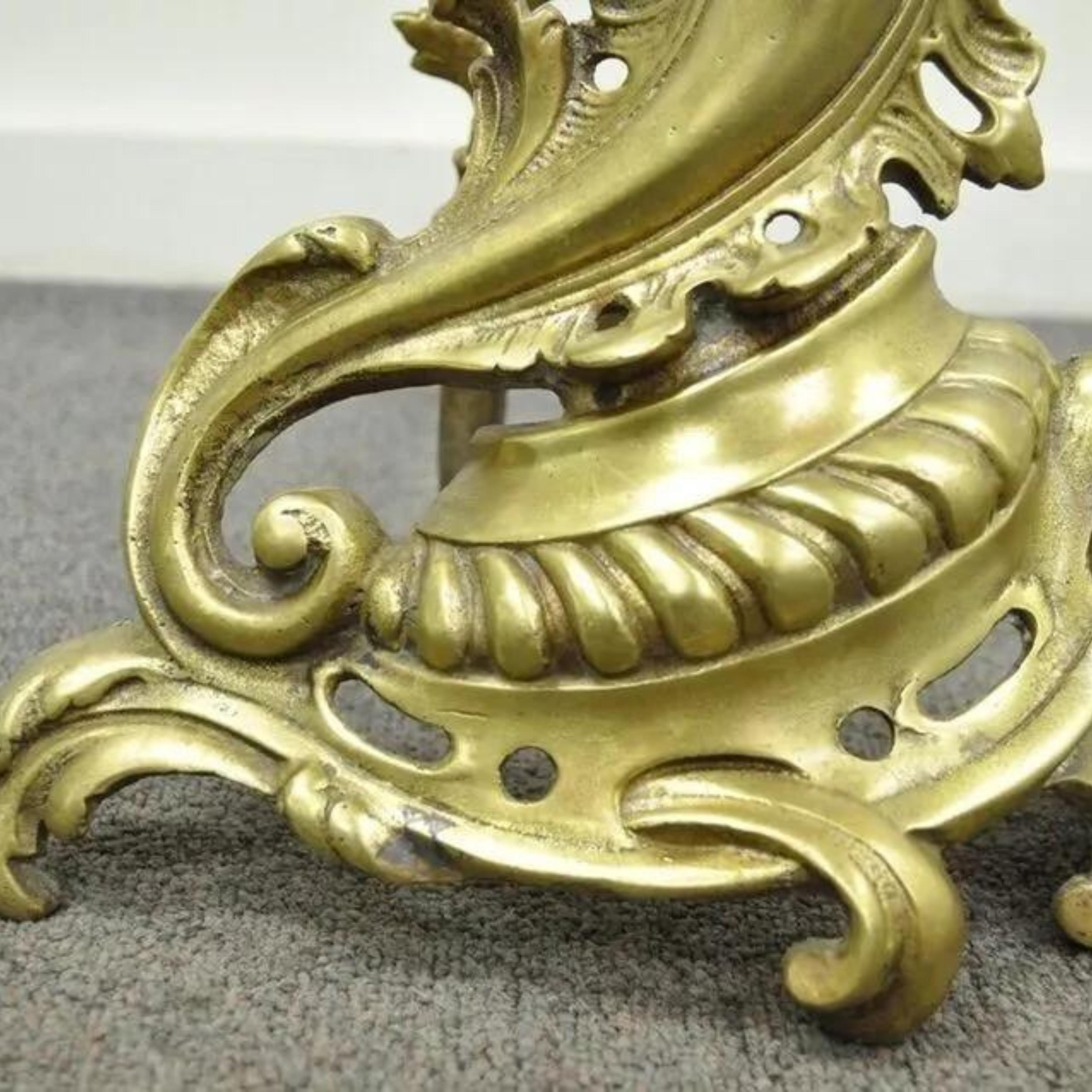 Antique French Louis XV Rococo Style Bronze Brass Acanthus Andirons - a Pair For Sale 3