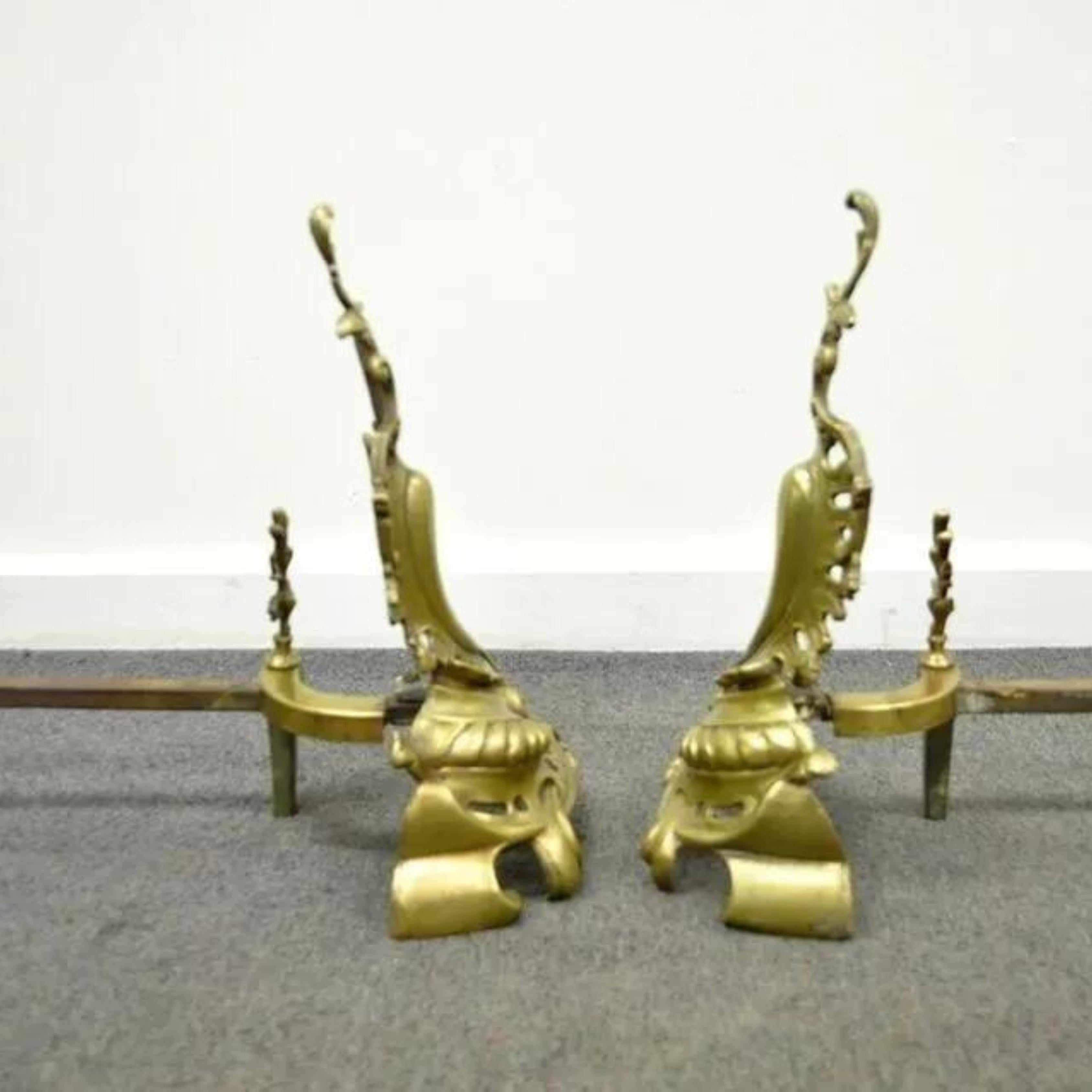 Antique French Louis XV Rococo Style Bronze Brass Acanthus Andirons - a Pair For Sale 4