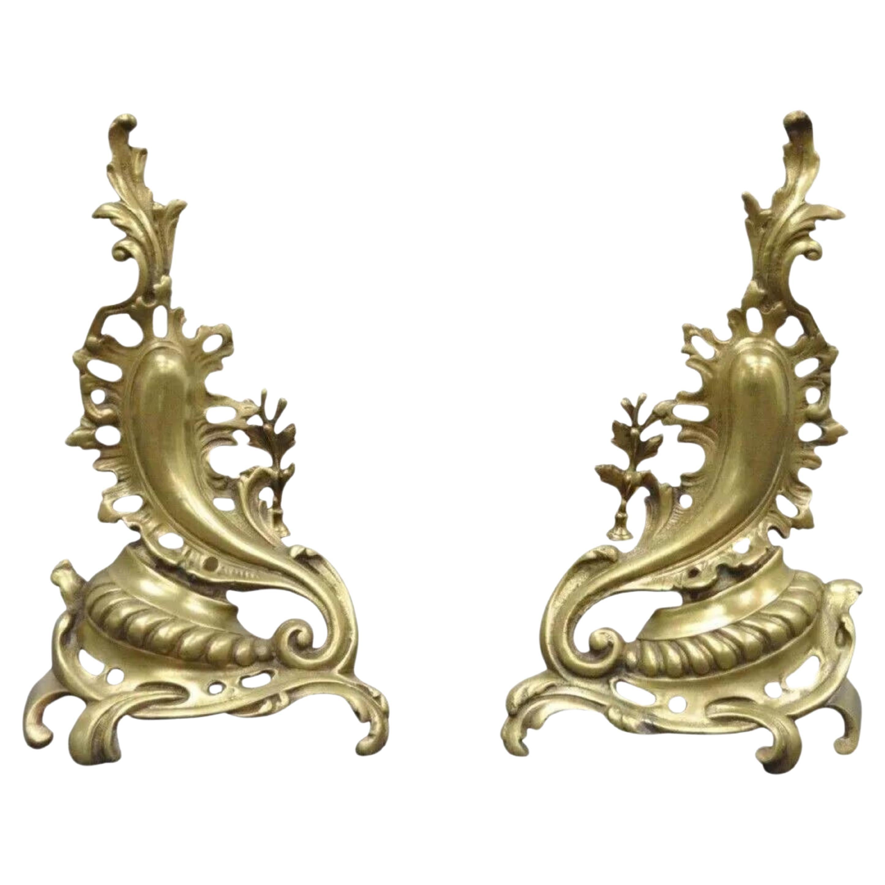 Antique French Louis XV Rococo Style Bronze Brass Acanthus Andirons - a Pair For Sale