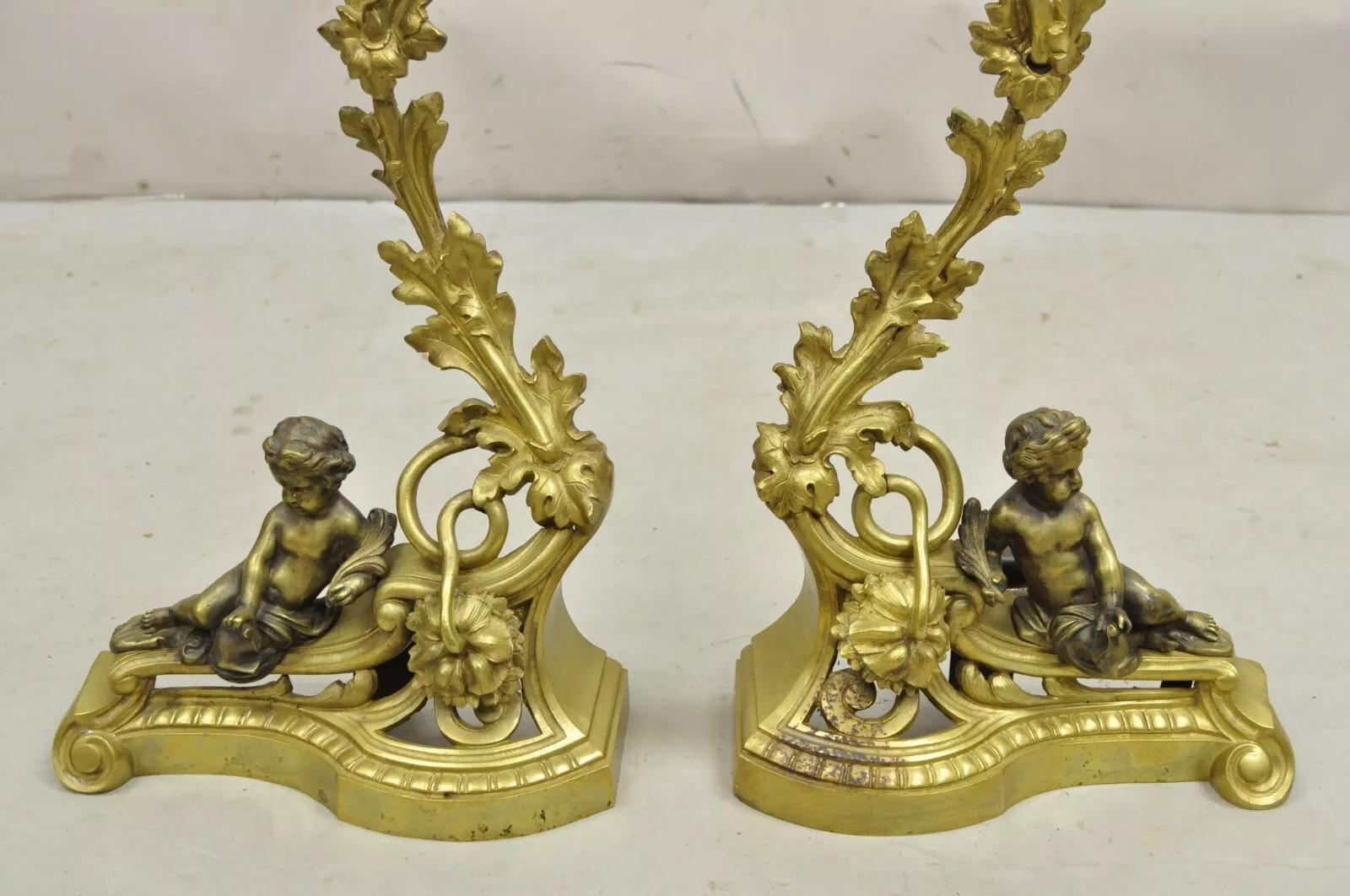 Antike französische Cherub-Acanthus-Blatt-Feuerböcke aus Bronze im Louis-XV-Rokoko-Stil im Rokoko-Stil, Paar im Angebot 6