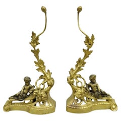 Ancienne paire de chenets en bronze à feuilles d'Acanthus de style Louis XV Rococo - Paire