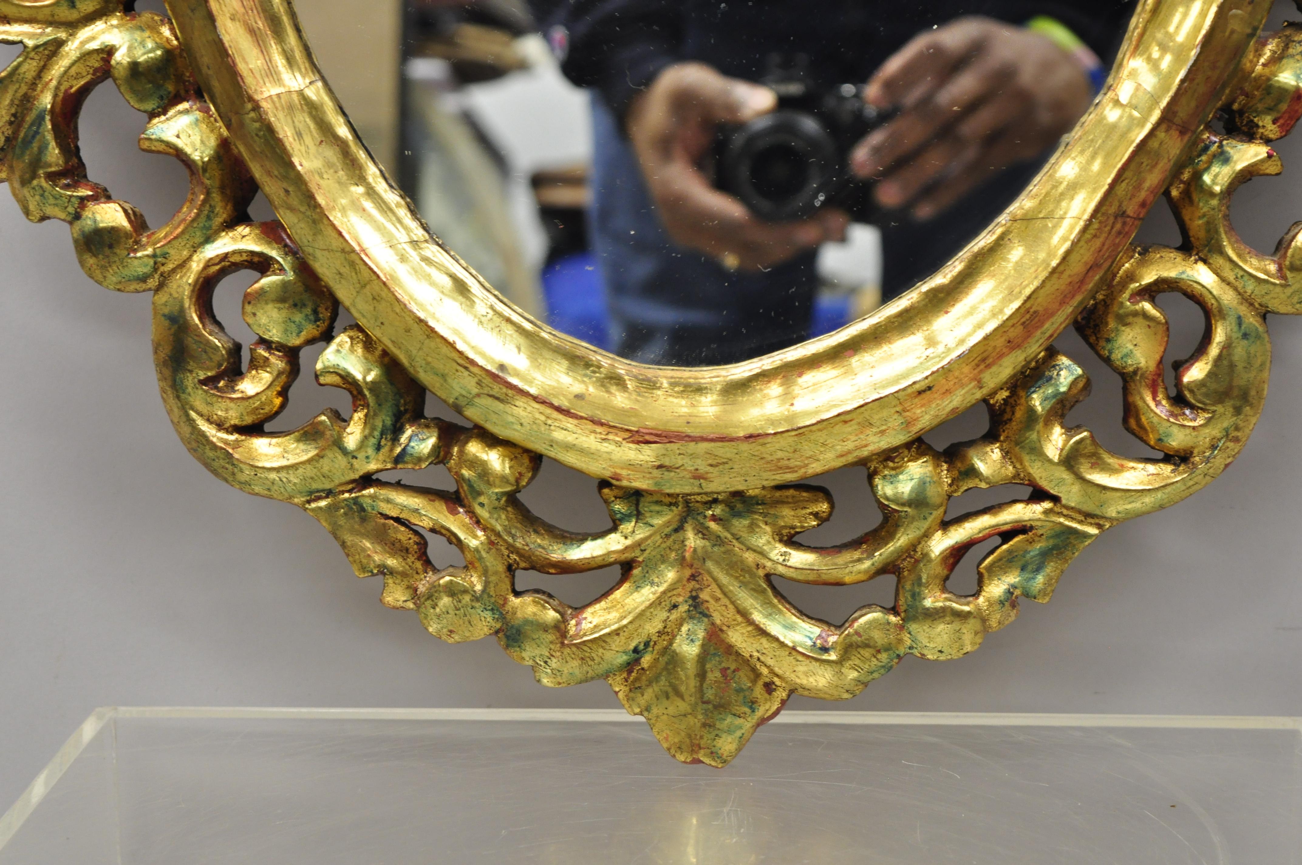 Italian Antique French Louis XV Rococo Style Gold Giltwood Pierce Carved Oval Mirror For Sale