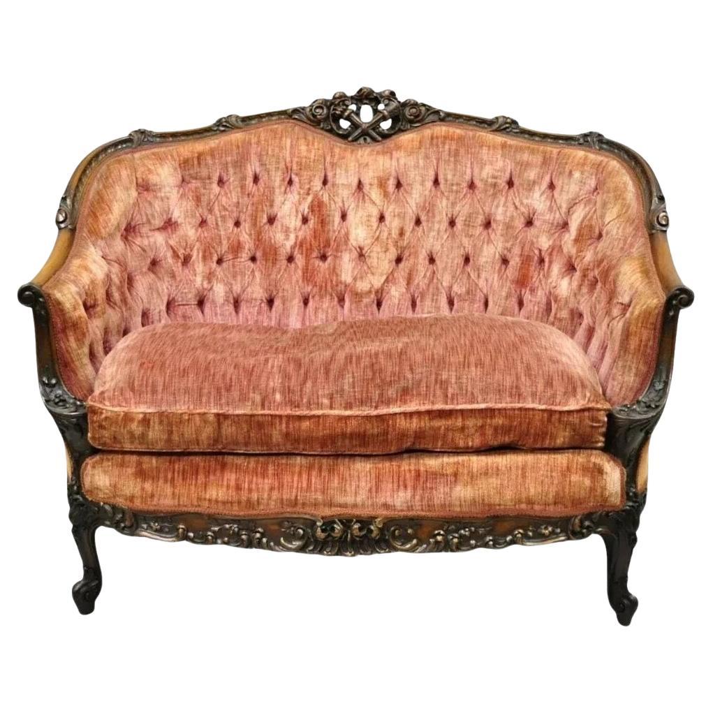 Antique French Louis XV Rococo Style Ornate Carved Walnut Settee Loveseat Sofa