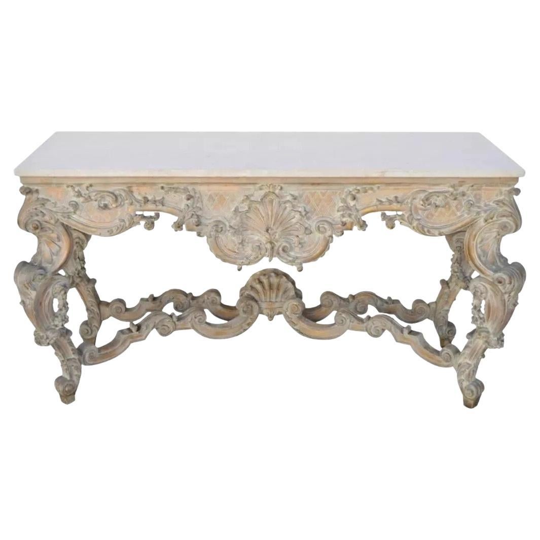 Antique French Louis XV Rococo Style Shell Carved 68" Marble Top Console Table For Sale