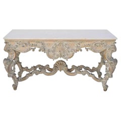 Antique French Louis XV Rococo Style Shell Carved 68" Marble Top Console Table