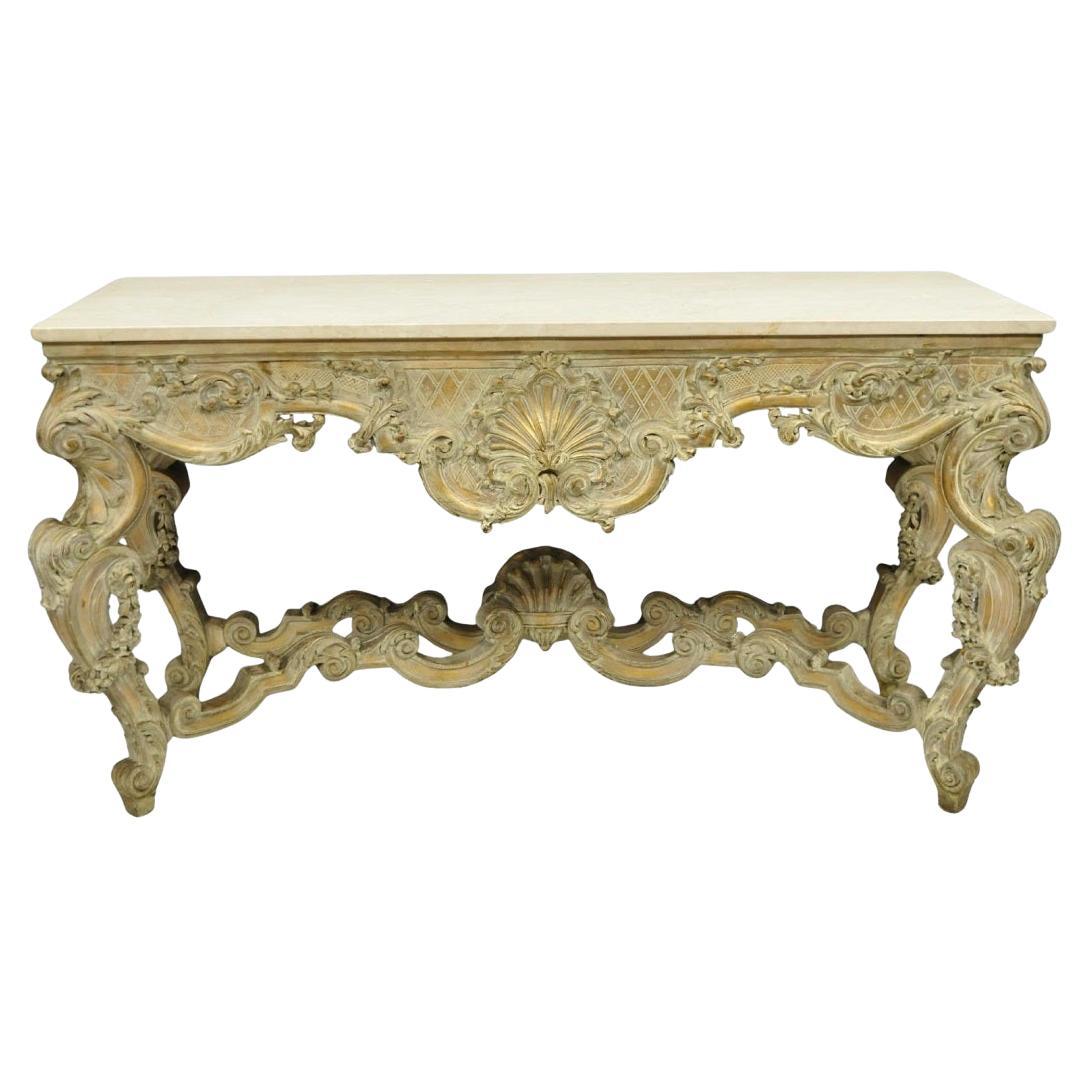 Antique French Louis XV Rococo Style Shell Carved 68" Marble Top Console Table