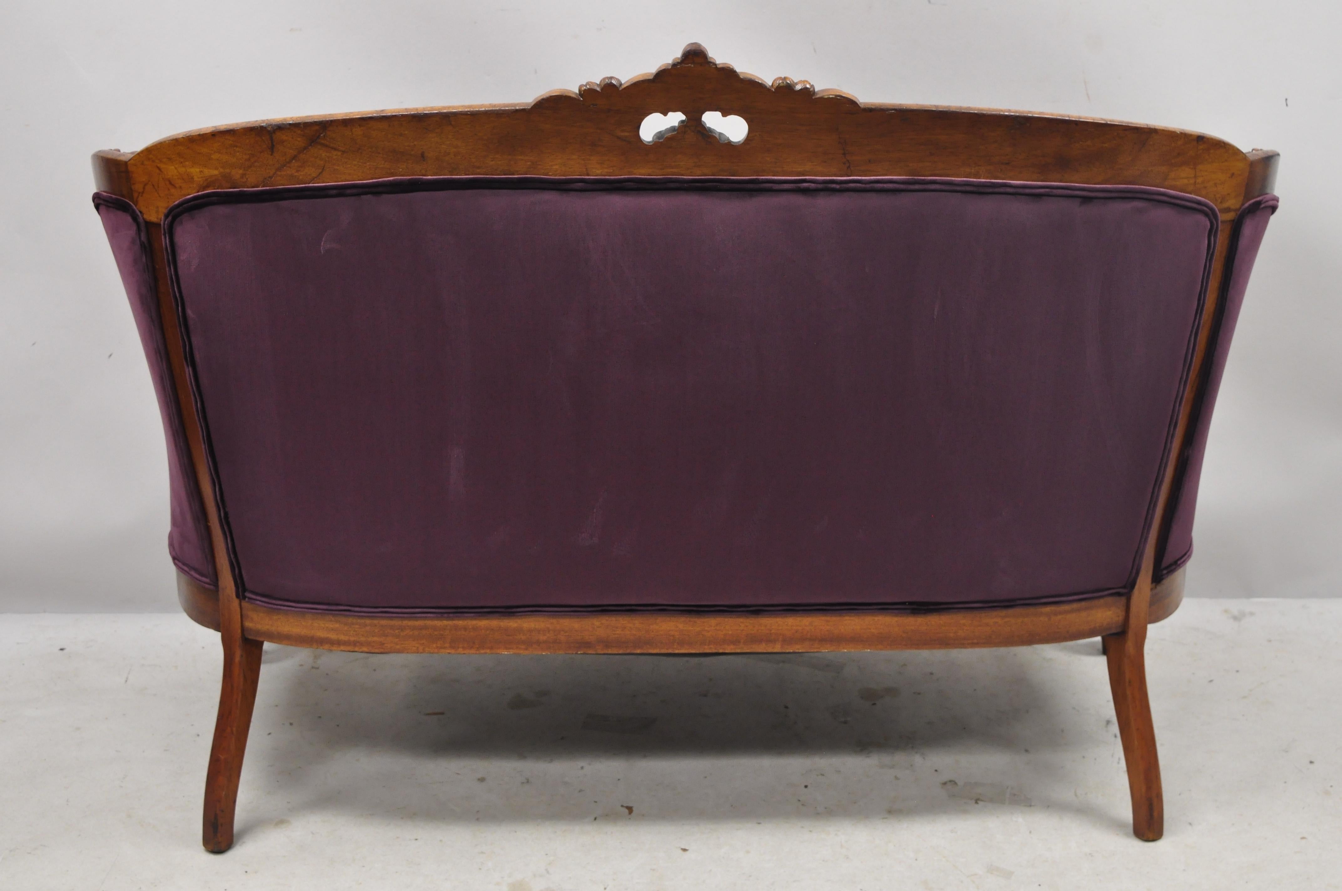 Antique French Louis XV Rococo Victorian Carved Mahogany Purple Loveseat Settee 3