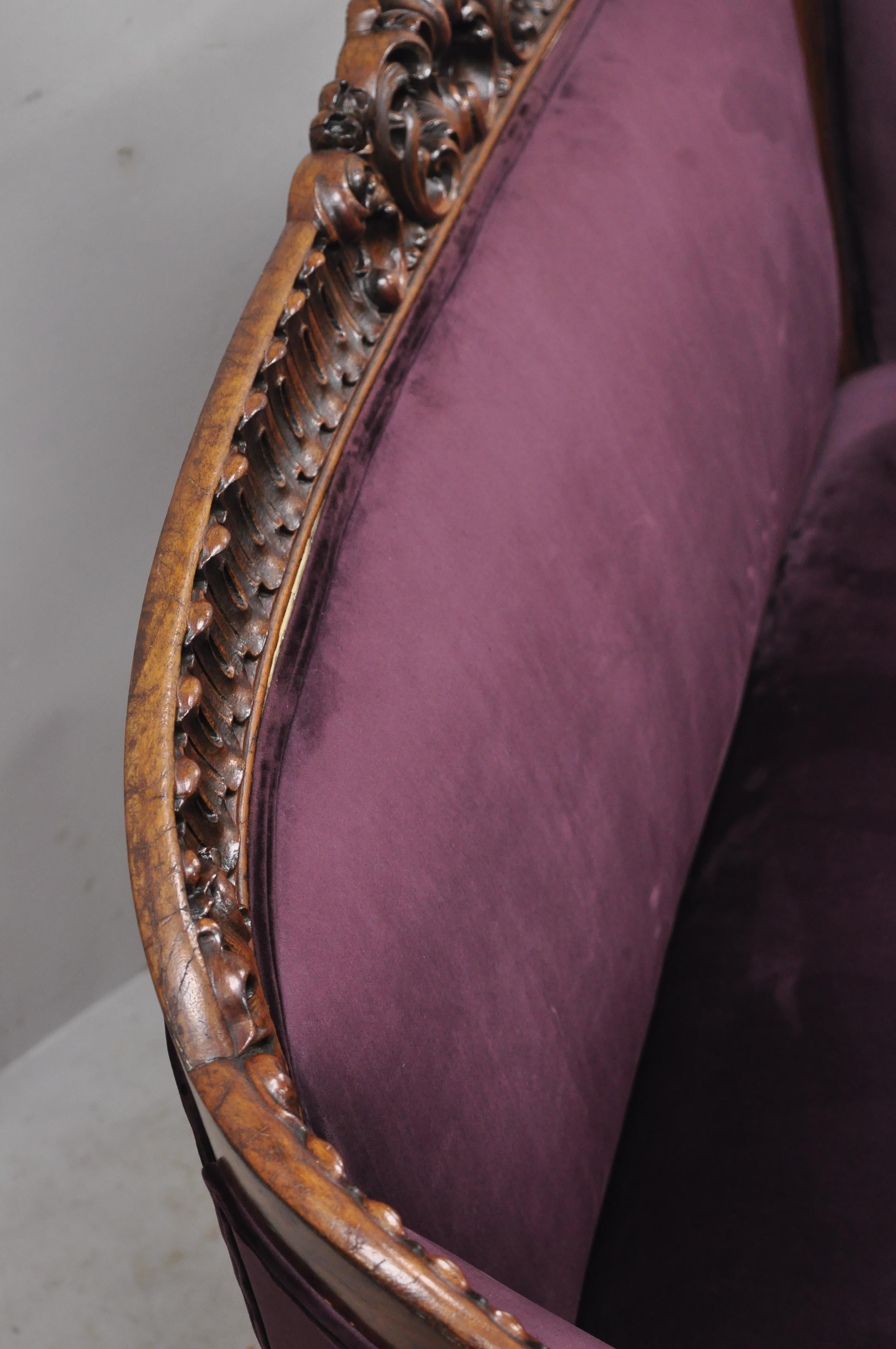 Antique French Louis XV Rococo Victorian Carved Mahogany Purple Loveseat Settee In Good Condition In Philadelphia, PA