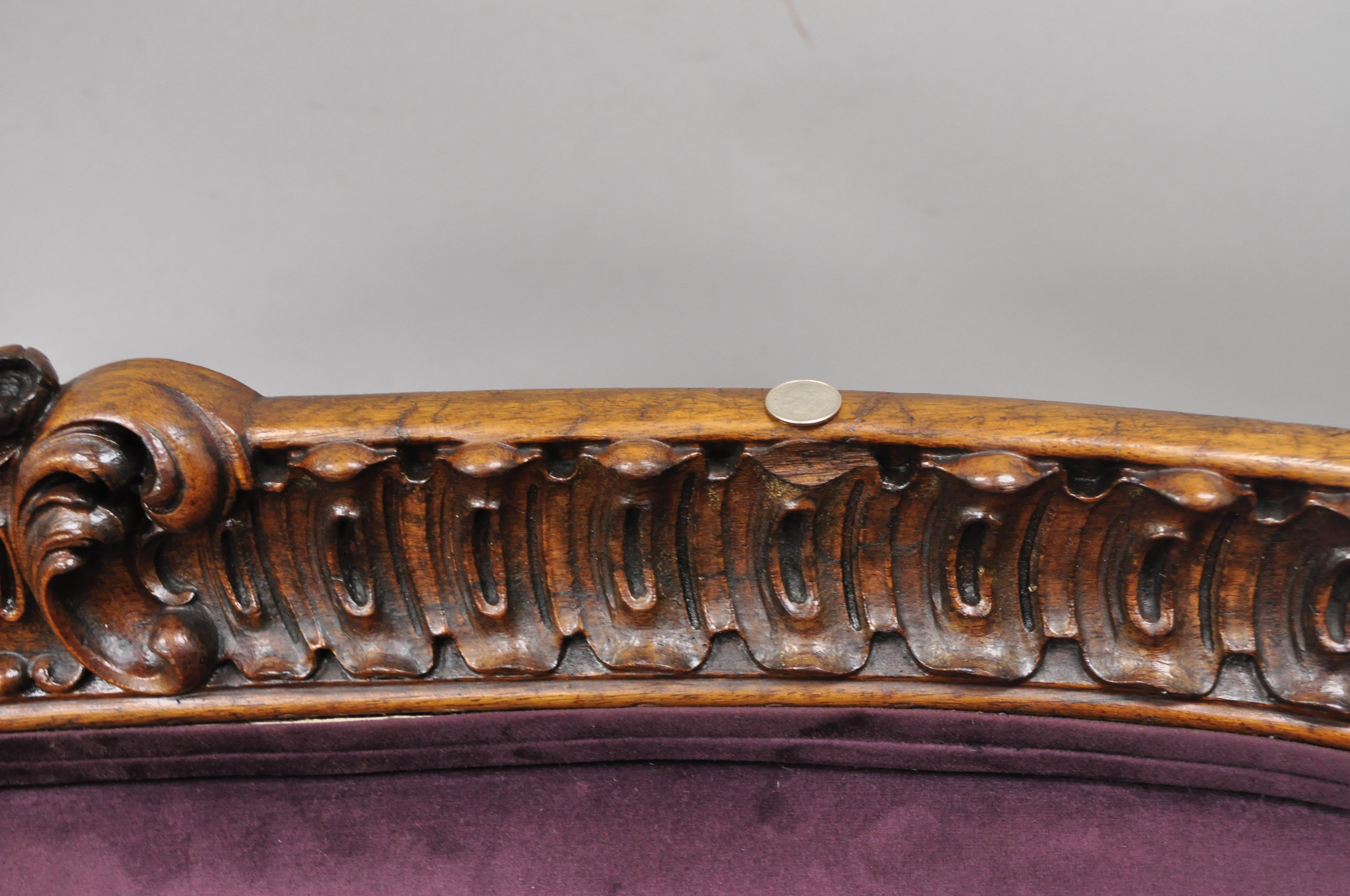 20th Century Antique French Louis XV Rococo Victorian Carved Mahogany Purple Loveseat Settee