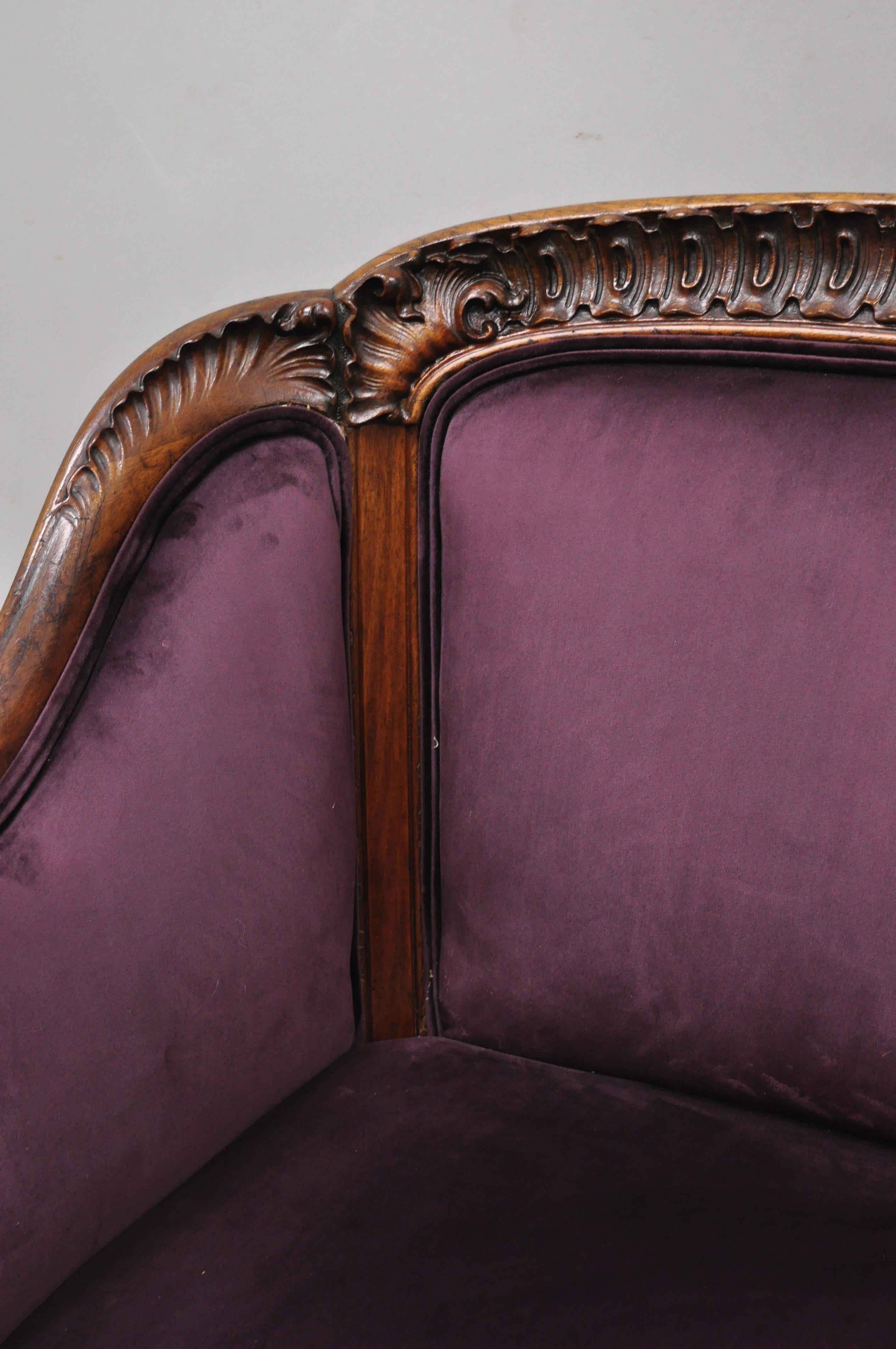 Antique French Louis XV Rococo Victorian Carved Mahogany Purple Loveseat Settee 1