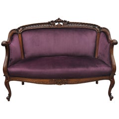 Antique French Louis XV Rococo Victorian Carved Mahogany Purple Loveseat Settee