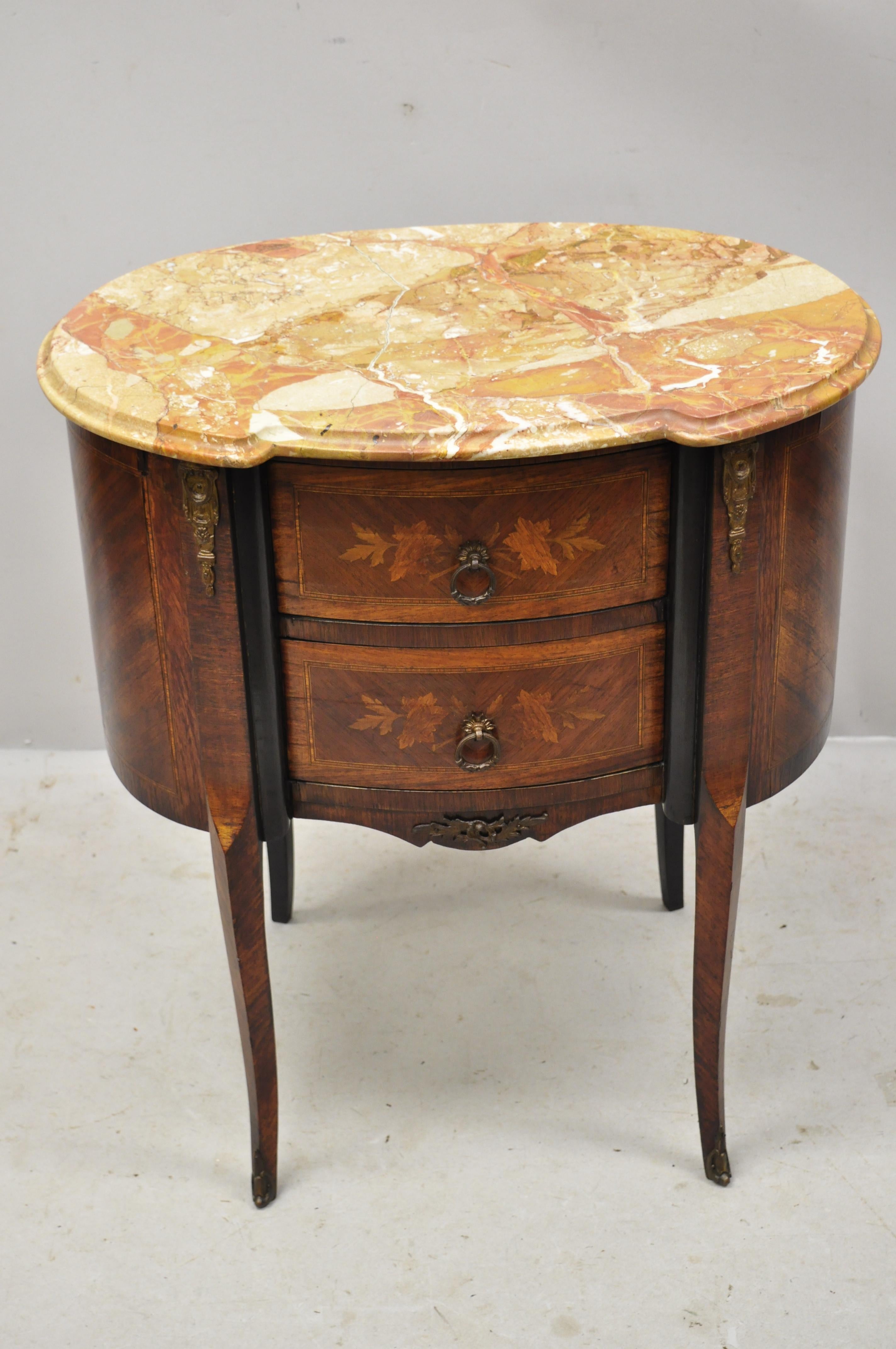 Antique French Louis XV Rogue Marble-Top Floral Inlay Bombe Nightstand Table 8