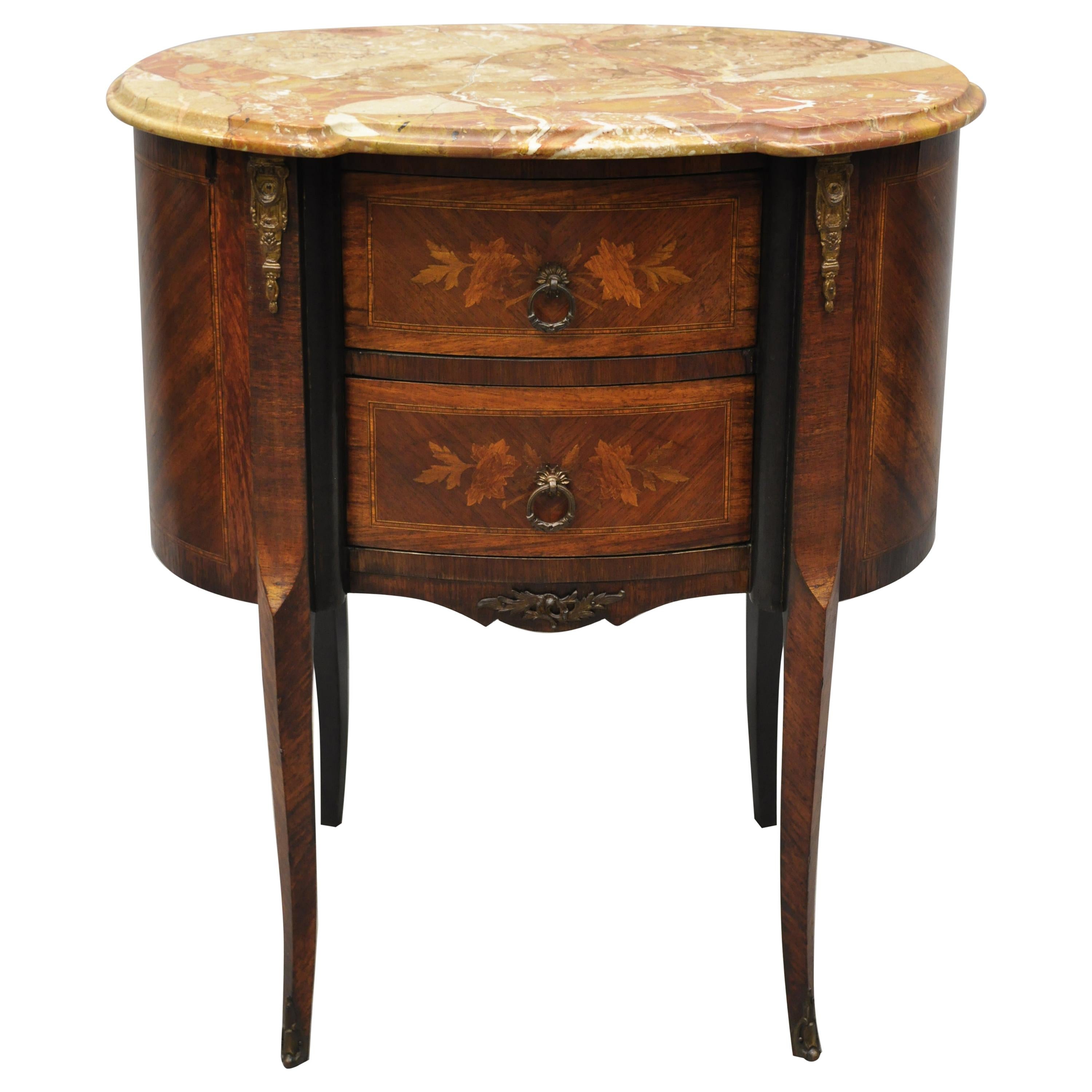 Antique French Louis XV Rogue Marble-Top Floral Inlay Bombe Nightstand Table