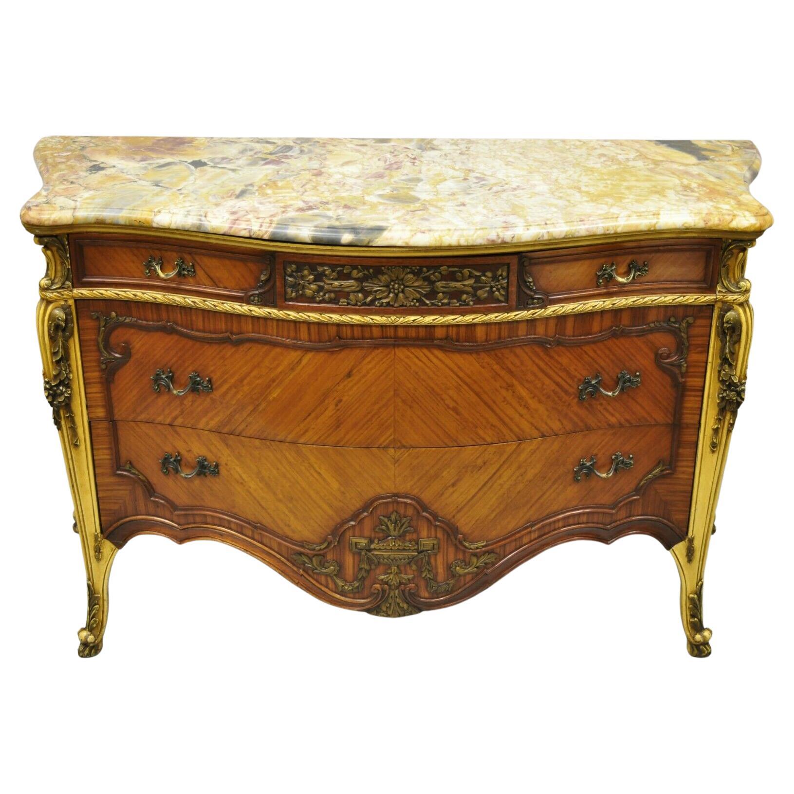 Antique French Louis XV Rogue Marble Top Satinwood Commode Dresser For Sale