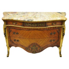 Antique French Louis XV Rogue Marble Top Satinwood Commode Dresser