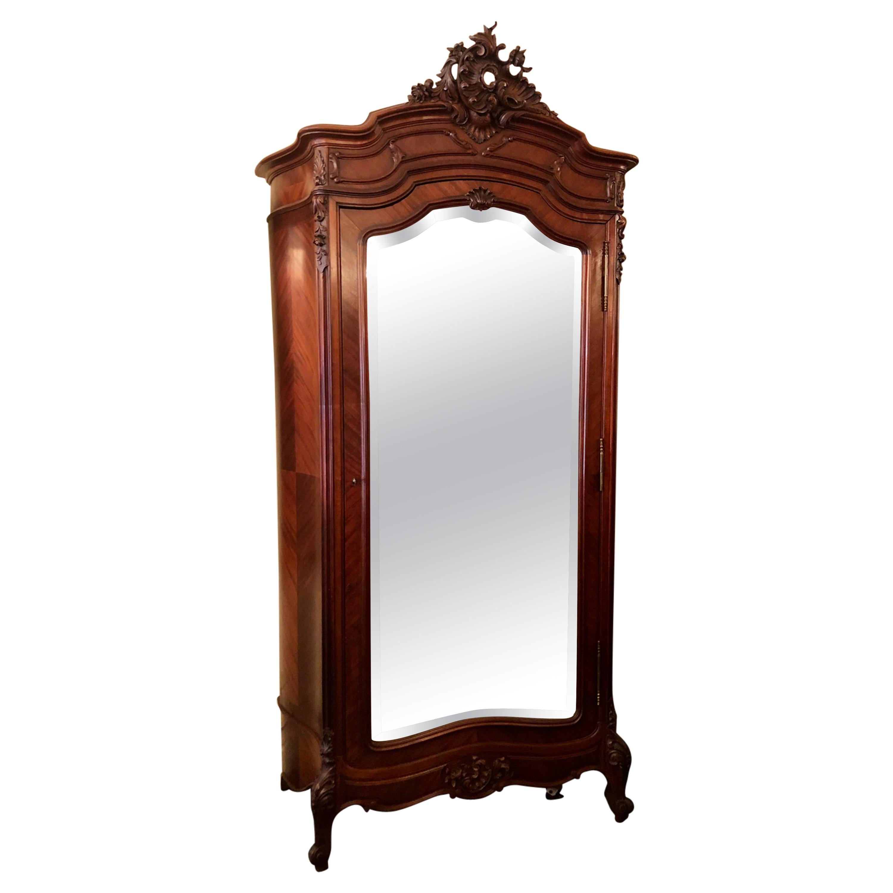 Antique French Louis XV Rosewood & Beveled Mirror Single Door Armoire Circa 1880