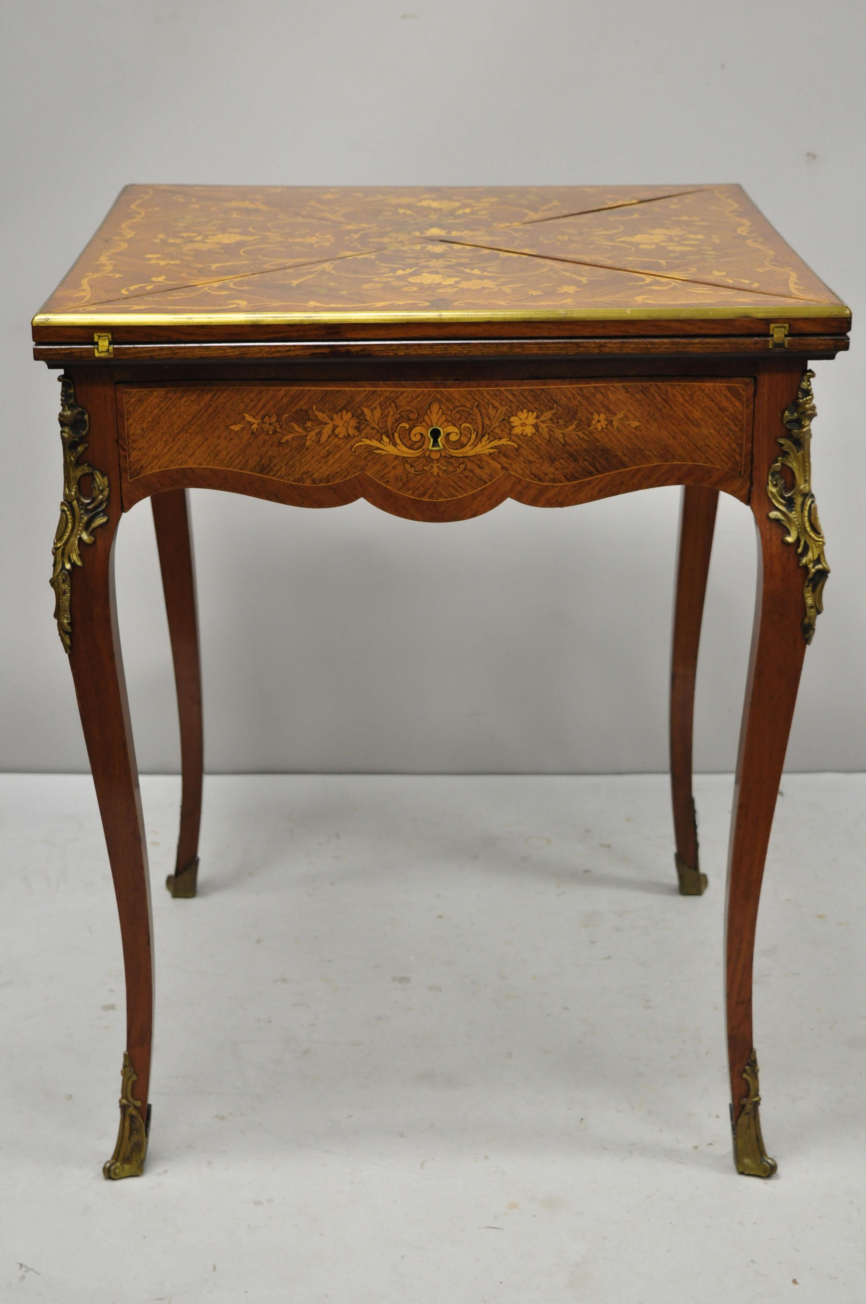 Antique French Louis XV Rosewood & Satinwood Inlay Napkin Folding Card Game Table. Item features ornate bronze ormolu, 4 section 