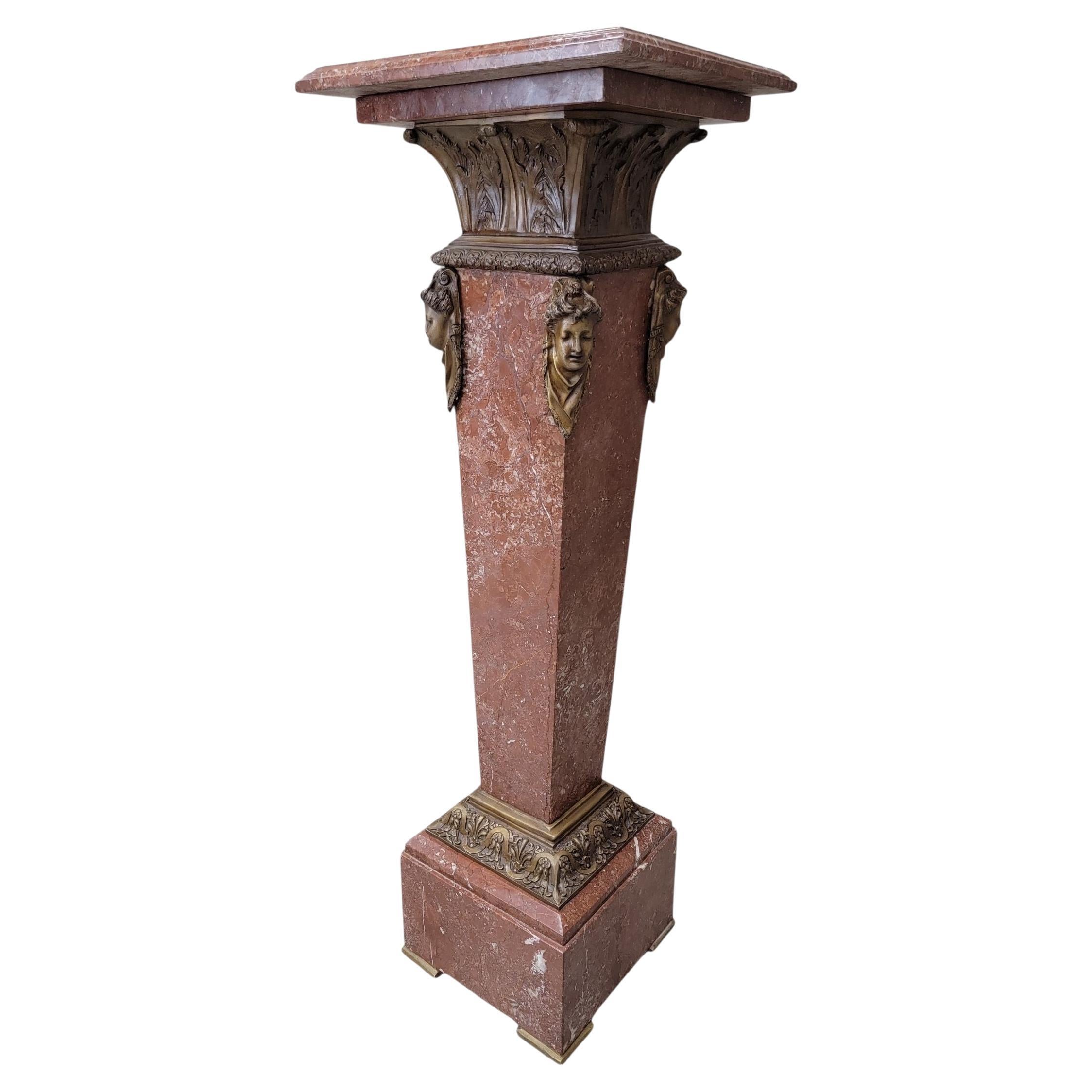 Antique French Louis XV Rouge Marble and Figural Bronze Maiden Pedestal Stand