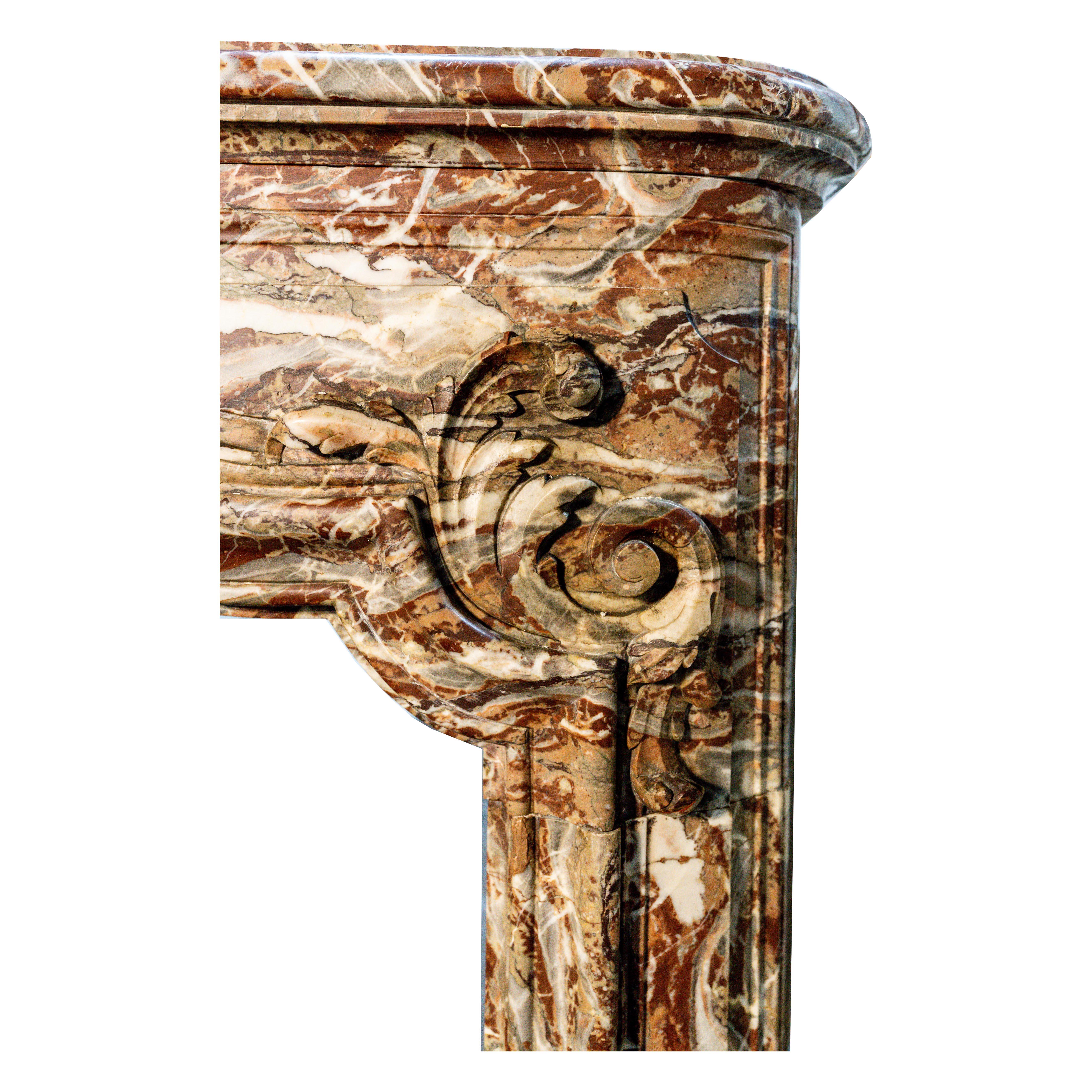 Hand-Carved Antique French Louis XV Rouge Marble Fireplace Mantel For Sale