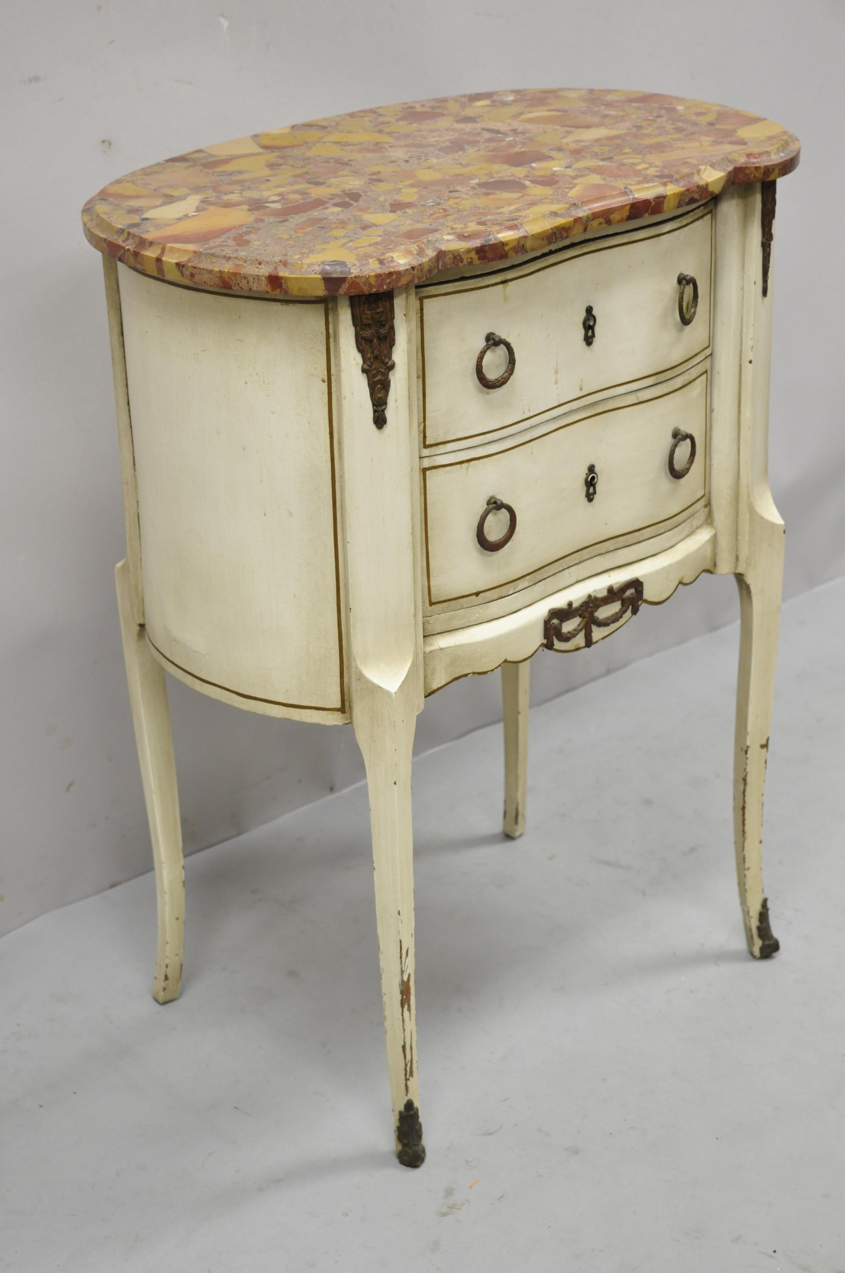 Antique French Louis XV style rouge marble top painted bombe nightstand side table. Item is marked, 