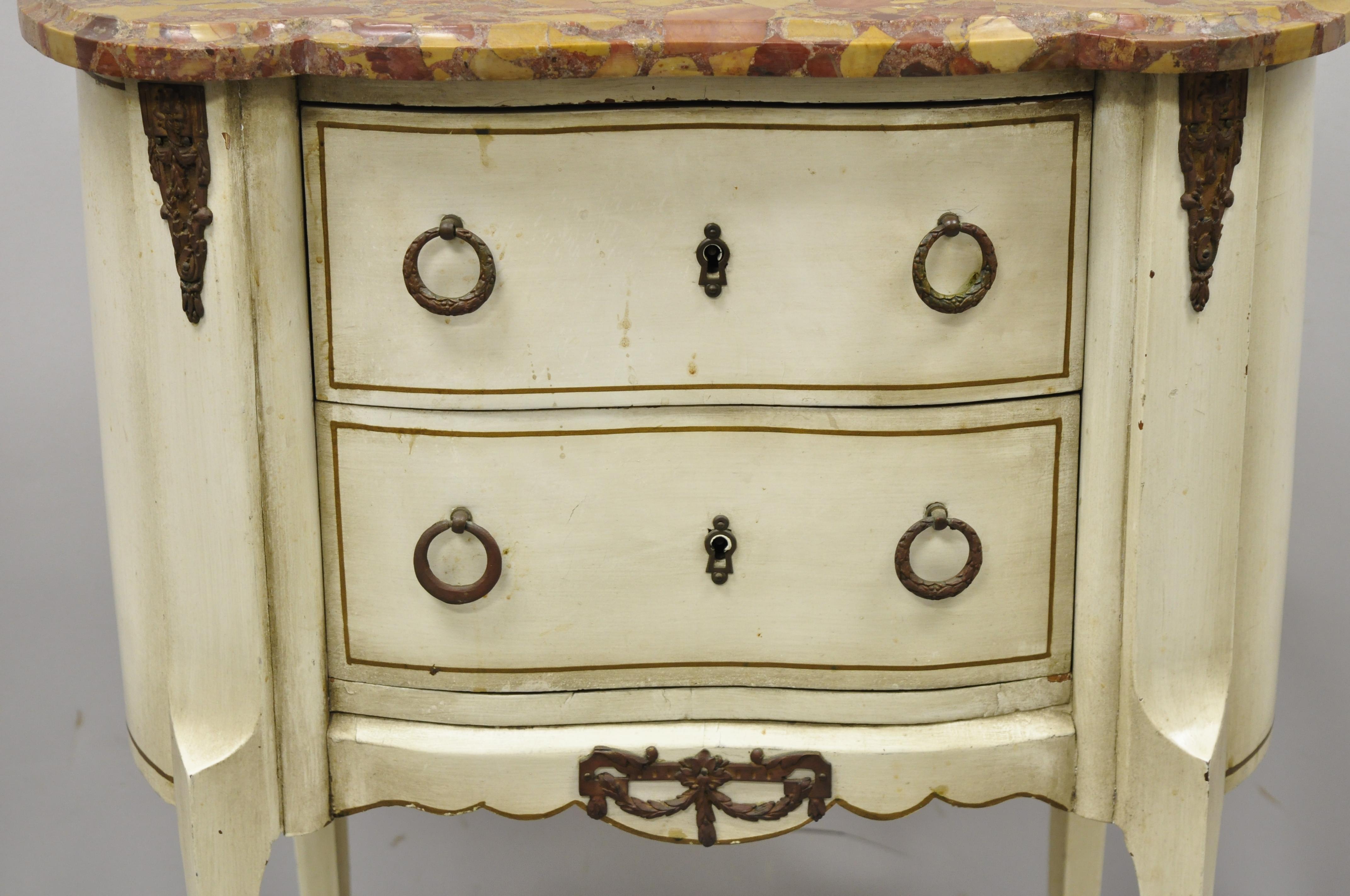 20th Century Antique French Louis XV Rouge Marble Top Painted Bombe Nightstand Side Table For Sale