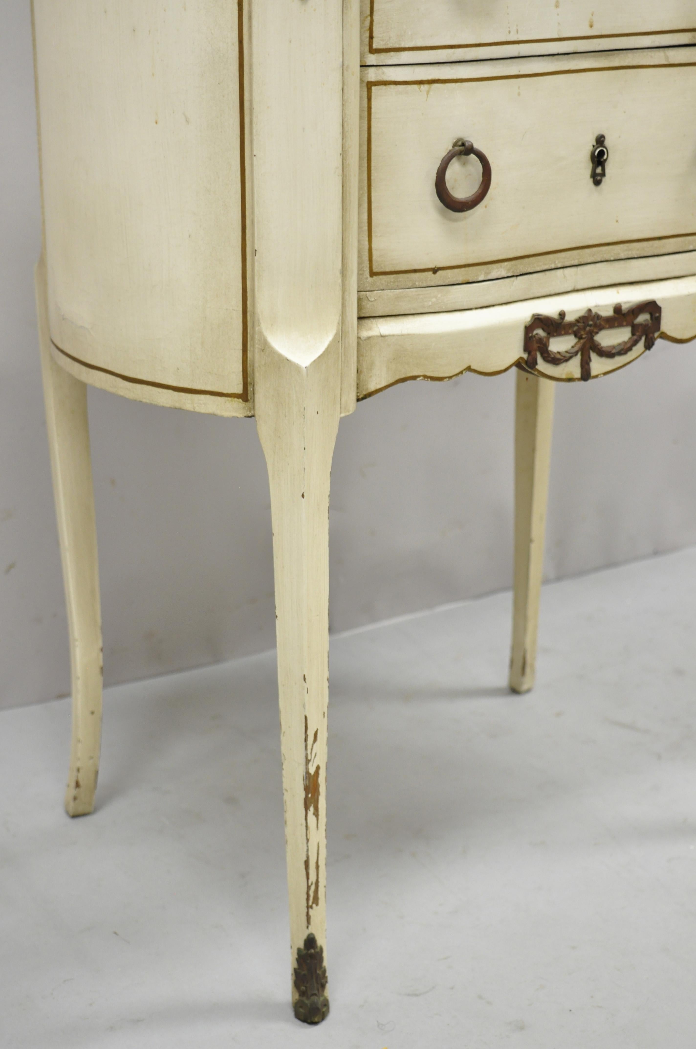 Antique French Louis XV Rouge Marble Top Painted Bombe Nightstand Side Table 4