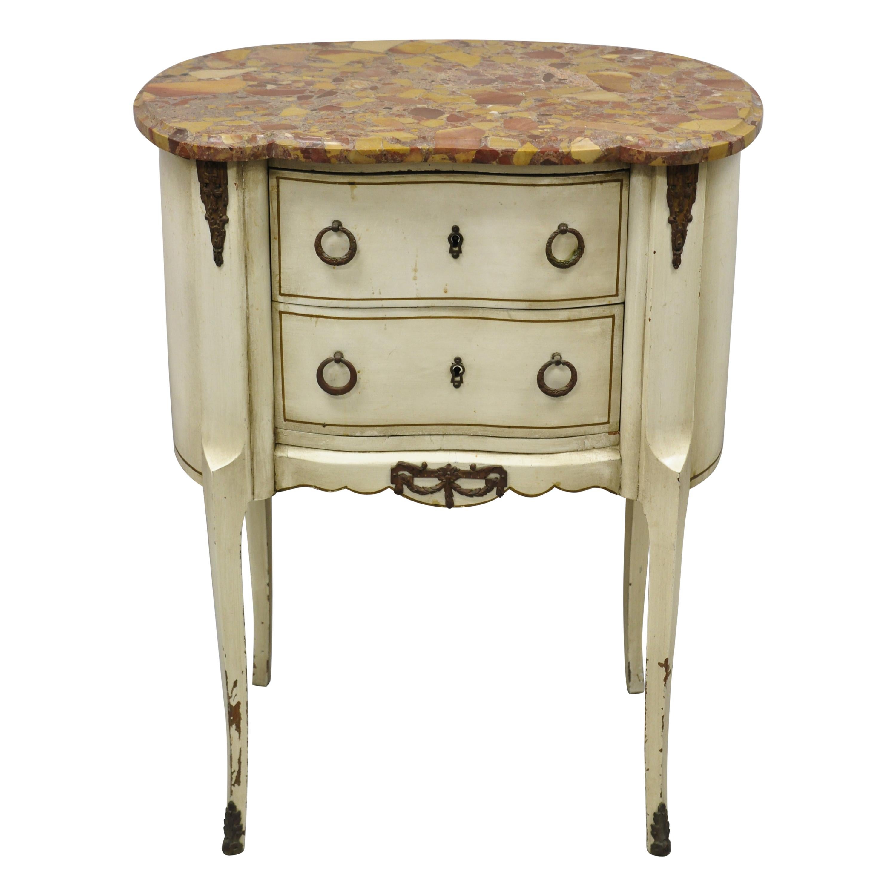 Antique French Louis XV Rouge Marble Top Painted Bombe Nightstand Side Table For Sale