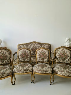 Antique French Louis XV Salon Set with Gilded Frame, 19th Century
