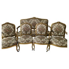 Antique French Louis XV Salon Set with Gilded Frame, 19th Century