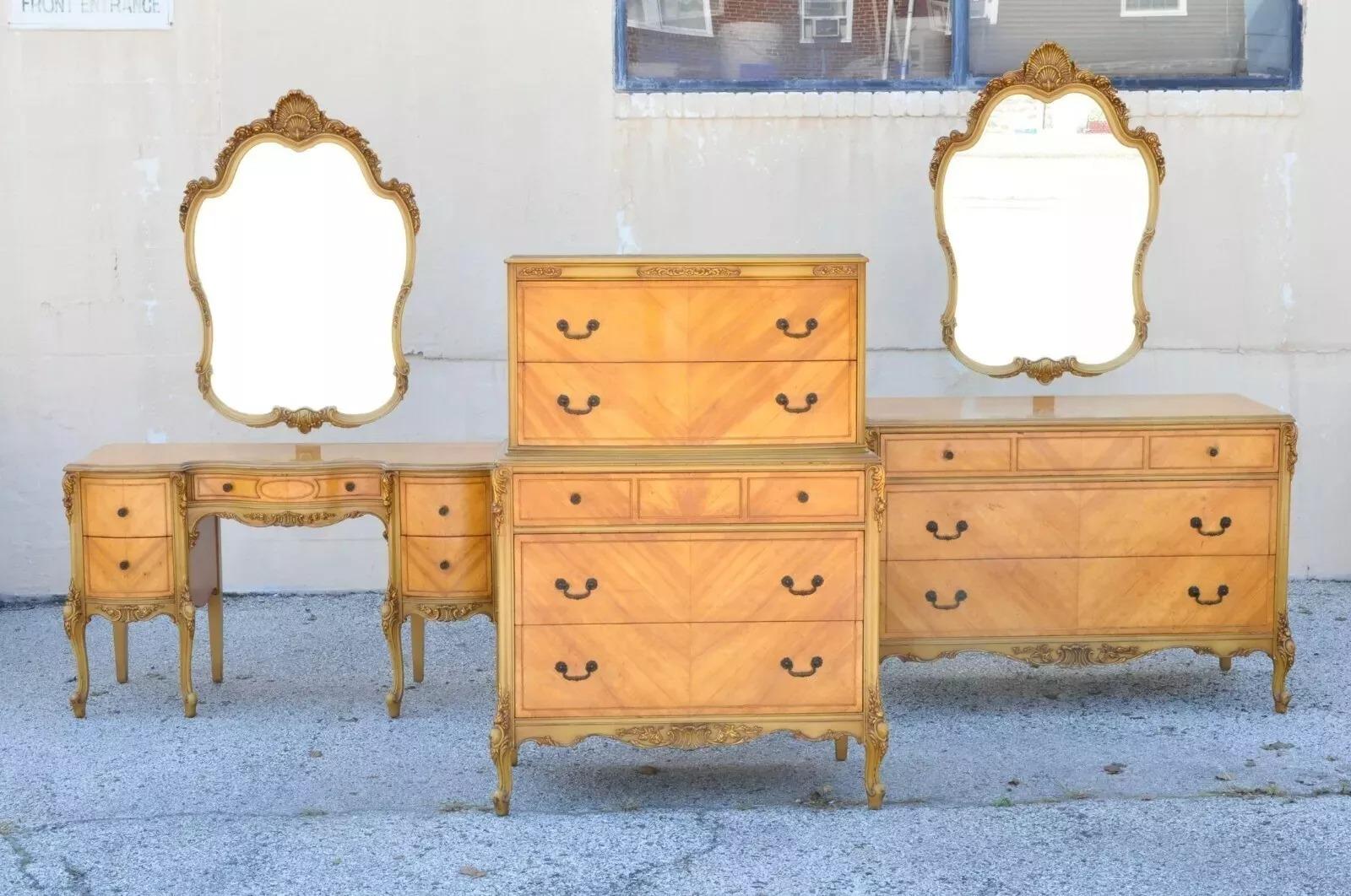 Antique French Louis XV Satinwood Bedroom Set Dresser Vanity Mirror - 9 Pc Set en venta 5