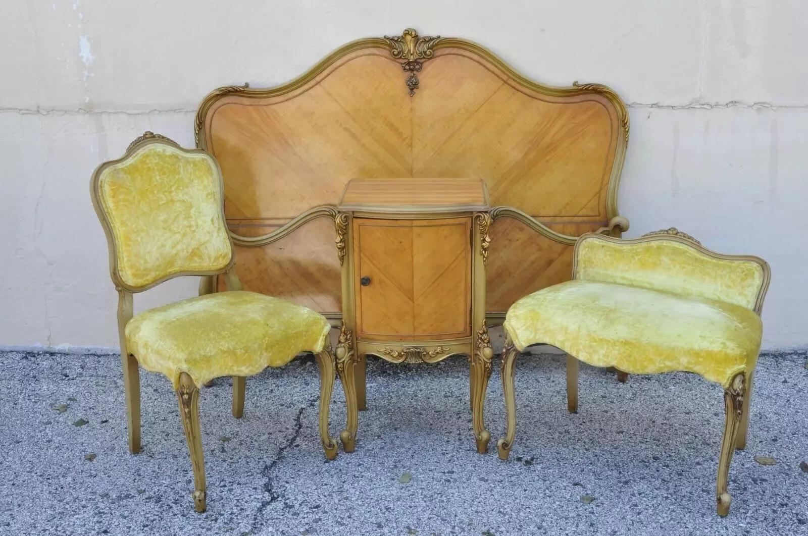 Antique French Louis XV Satinwood Bedroom Set Dresser Vanity Mirror - 9 Pc Set Luis XV en venta