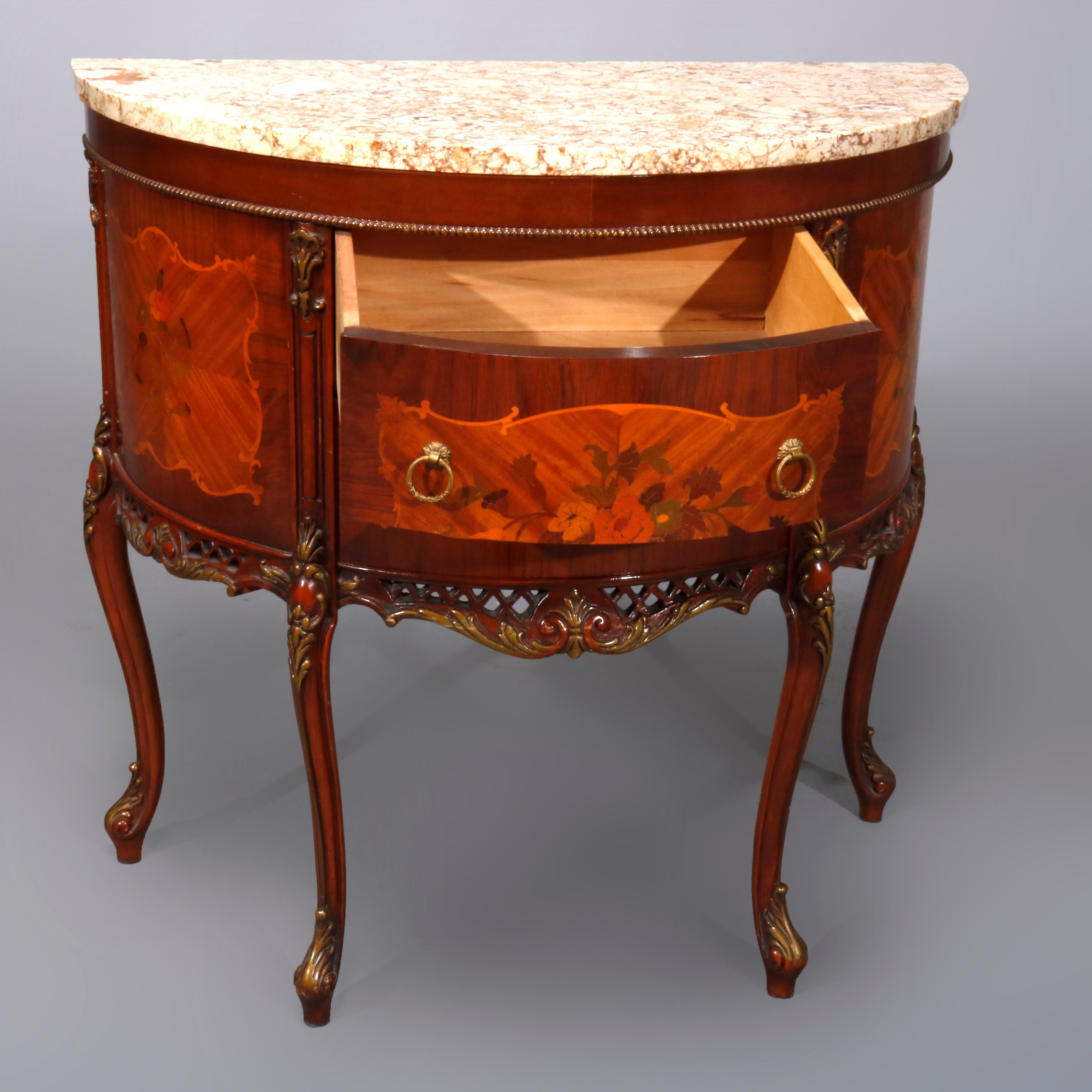 Inlay Antique French Louis XV Satinwood Inlaid Mahogany Marble Top Commode