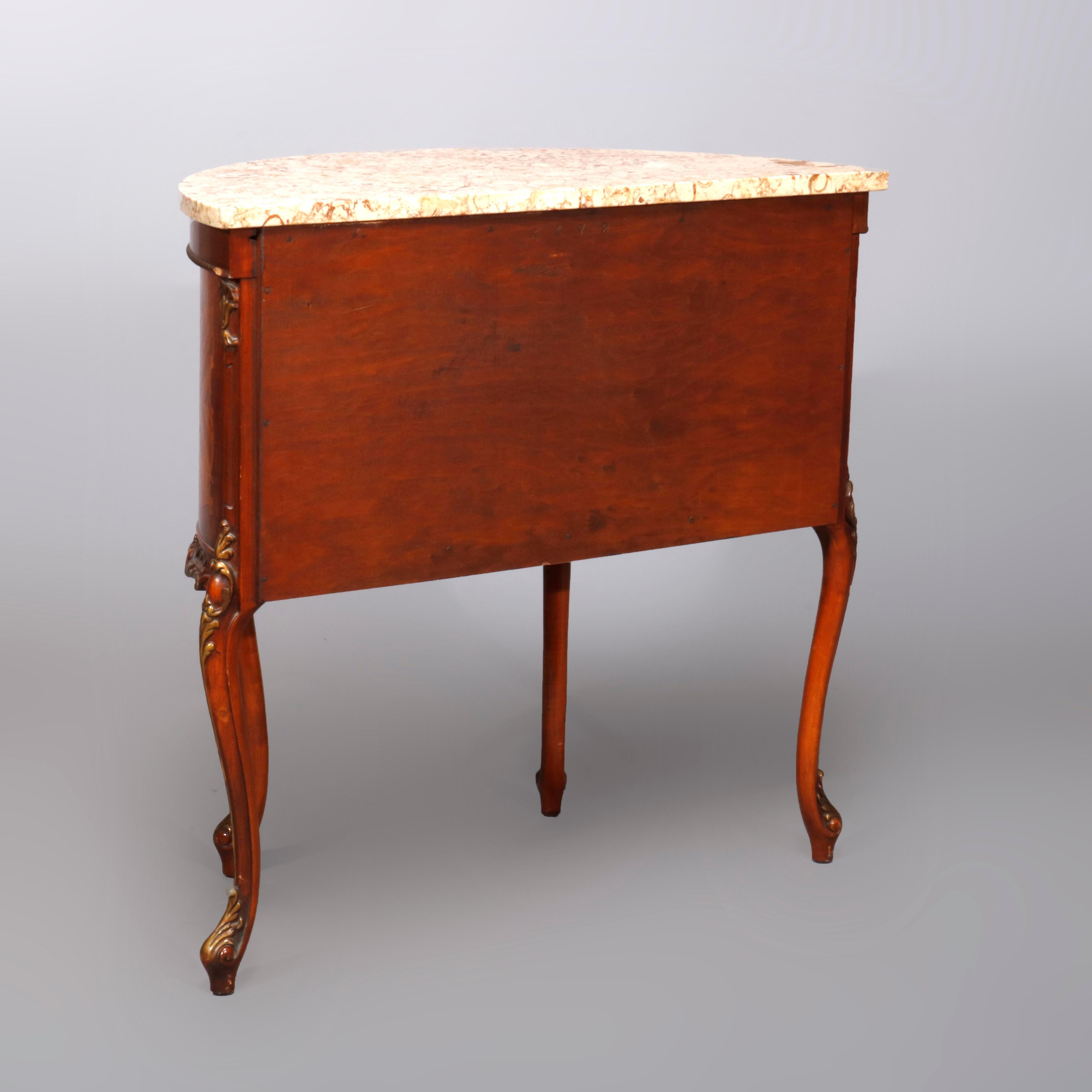 20th Century Antique French Louis XV Satinwood Inlaid Mahogany Marble Top Commode