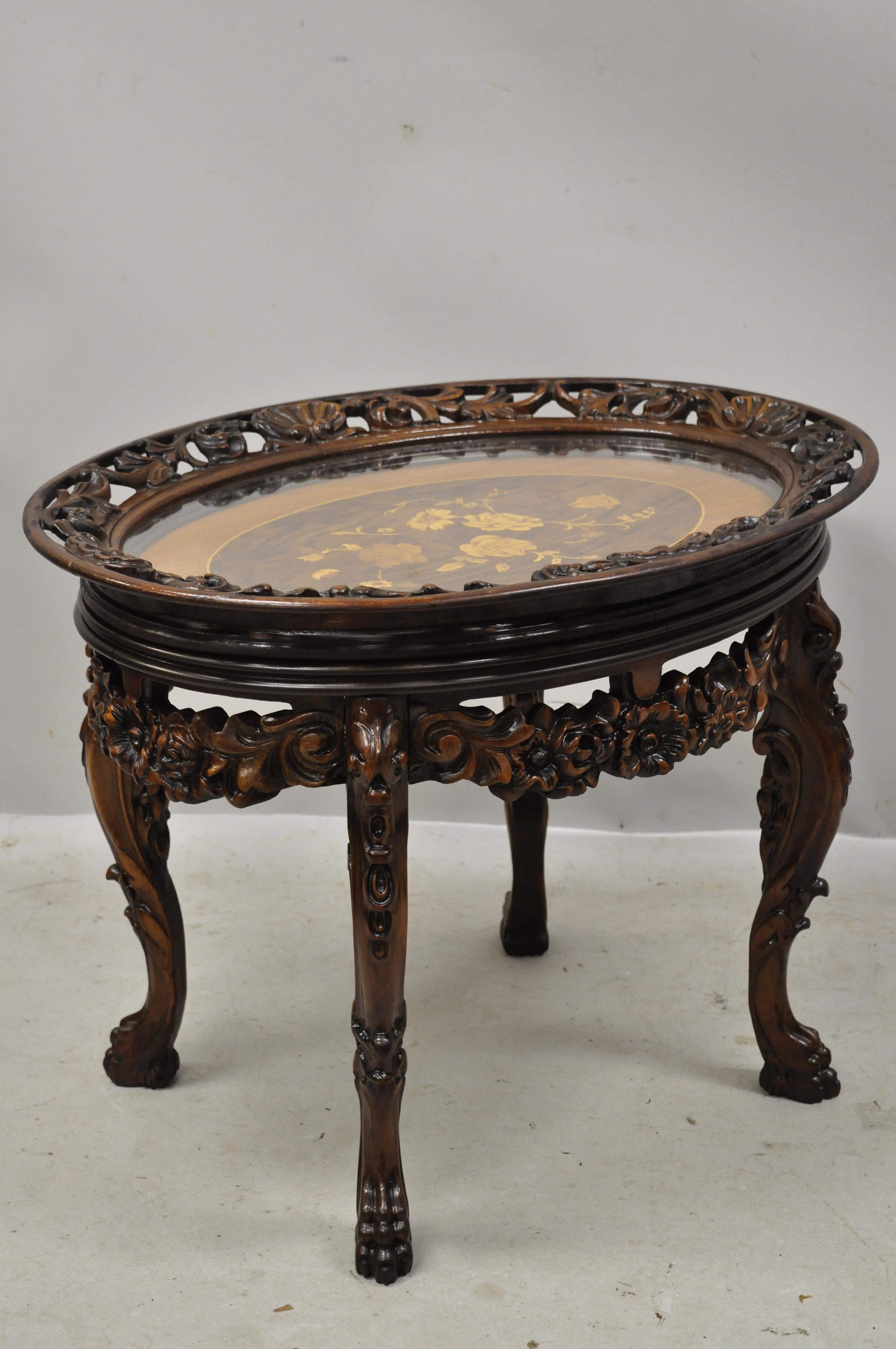 Antique French Louis XV Satinwood Inlay Floral Carved Tray Top Coffee Table 5