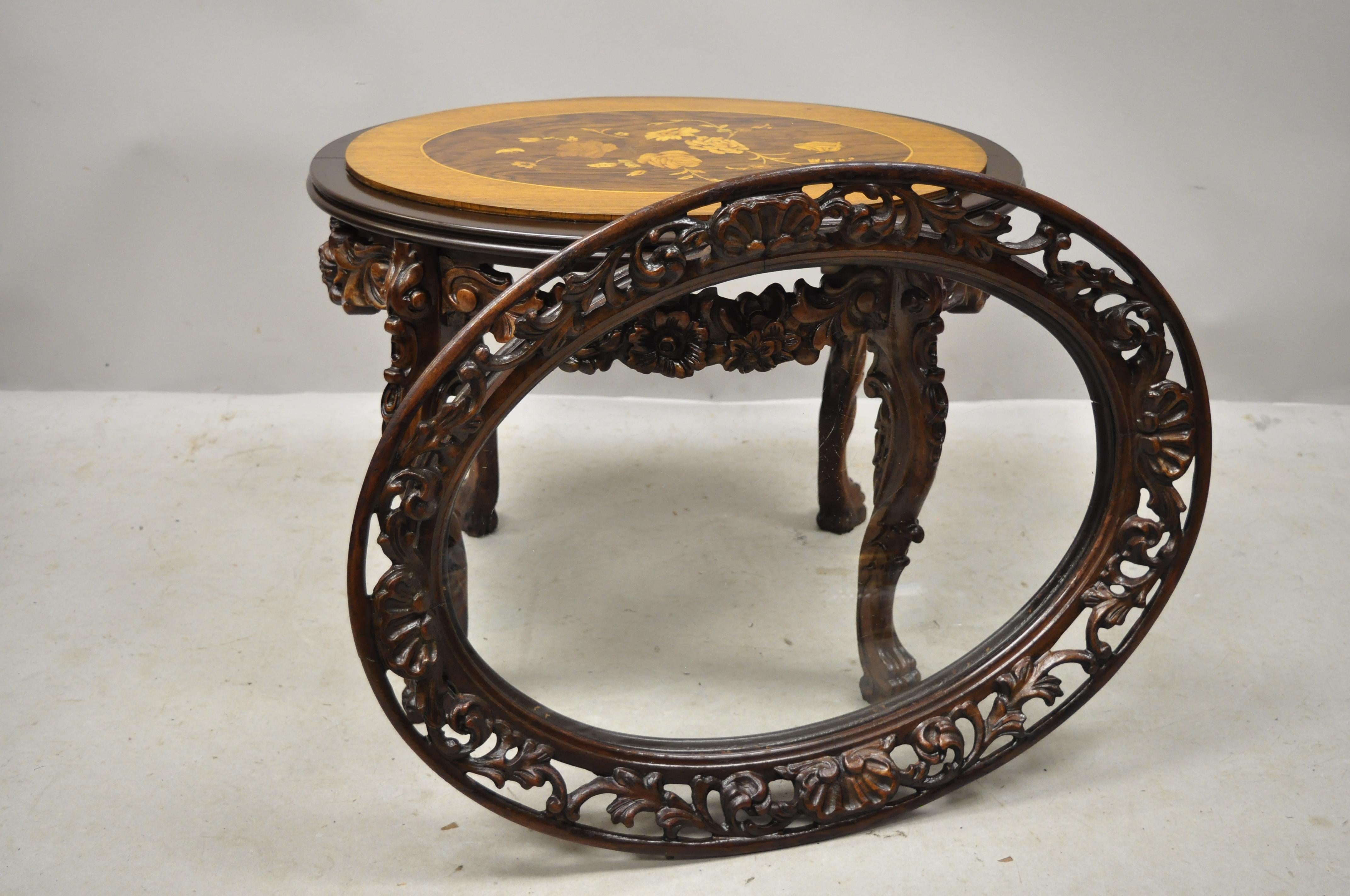 Antique French Louis XV satinwood inlay floral carved small tray top coffee table. Item features a floral carved drape skirt, paw feet, removable glass top, satinwood floral inlay, solid wood construction, nicely carved details, quality