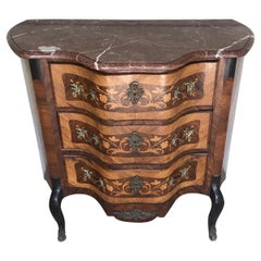 Antique French Louis XV Serpentine Mixed Wood Inlay Commode with Marble Top