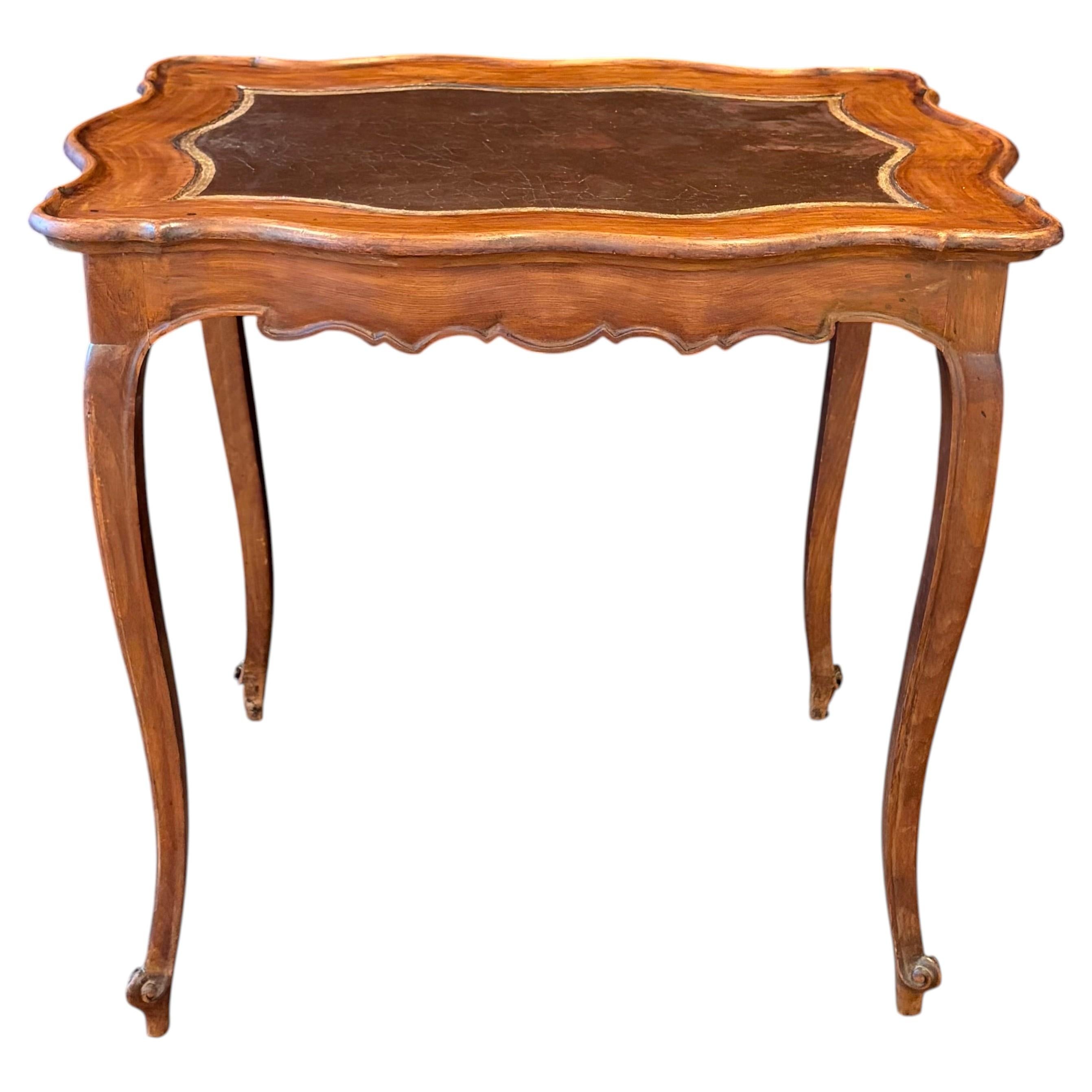 Antique French Louis XV Side Table or Desk with Inlaid Embossed Leather Top