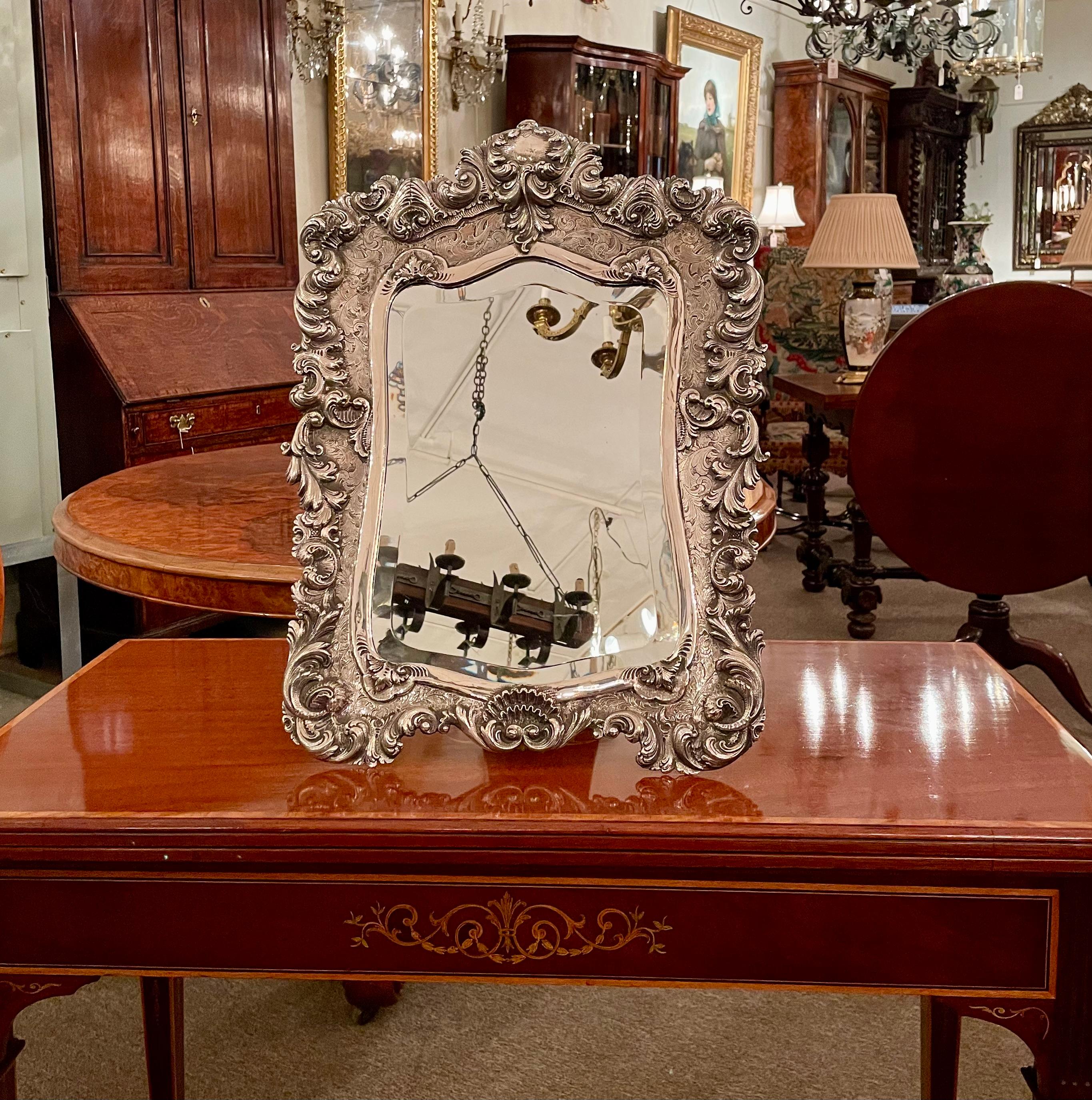 Antique French Louis XV Silver Mirror with Beveling, Circa 1880. For Sale 5