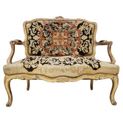 Antique French Louis XV Sofa, Tapestry Upholstery, Gilded Wood, 1800s