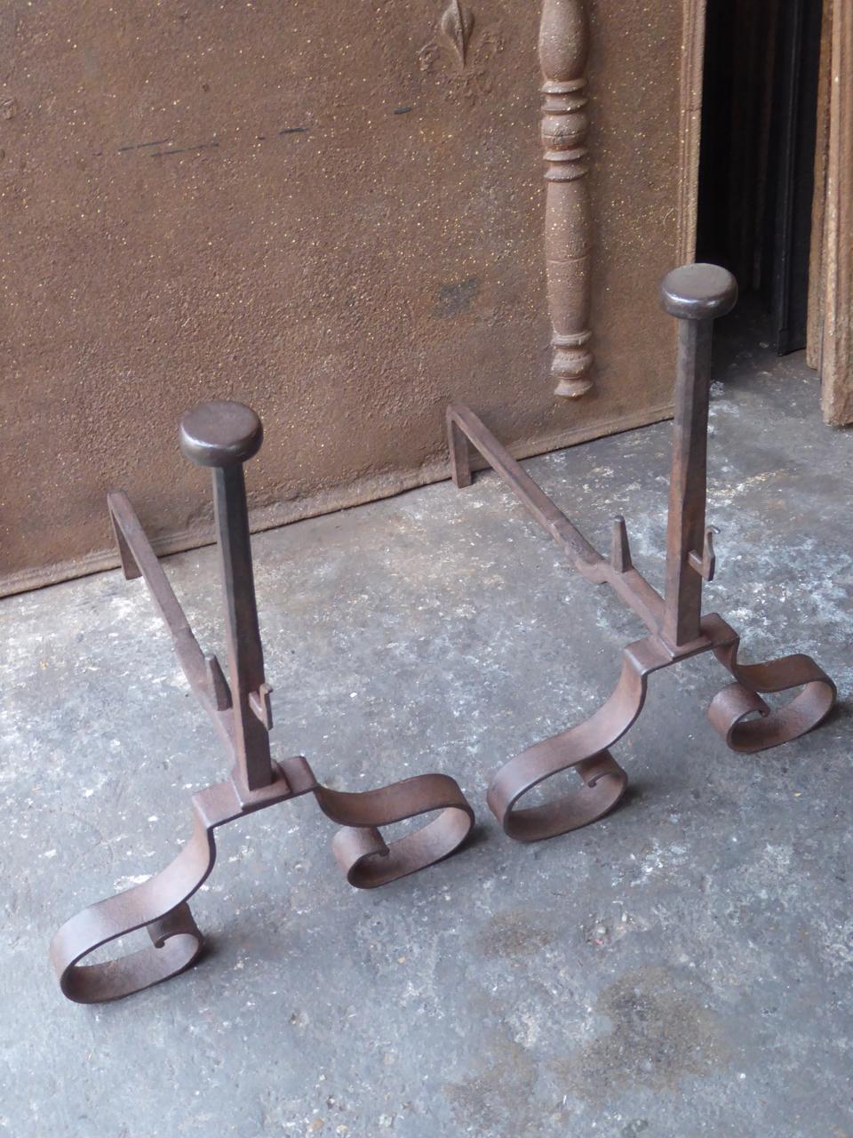 Forged Antique French Louis XV Style Andirons or Firedogs For Sale