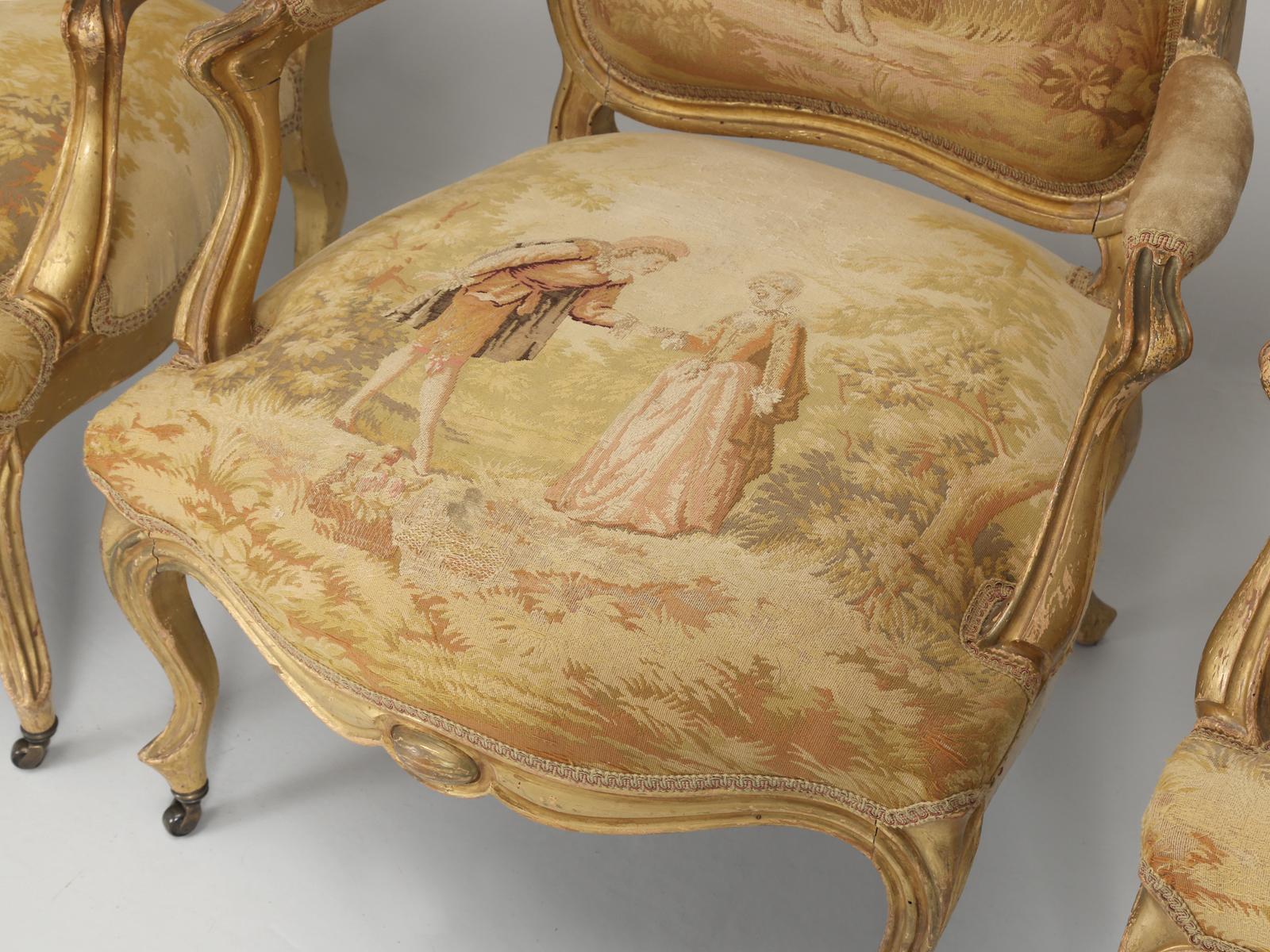 Antique French Louis XV Style Arm Chairs in Original Fabric and Gilt Frames For Sale 5