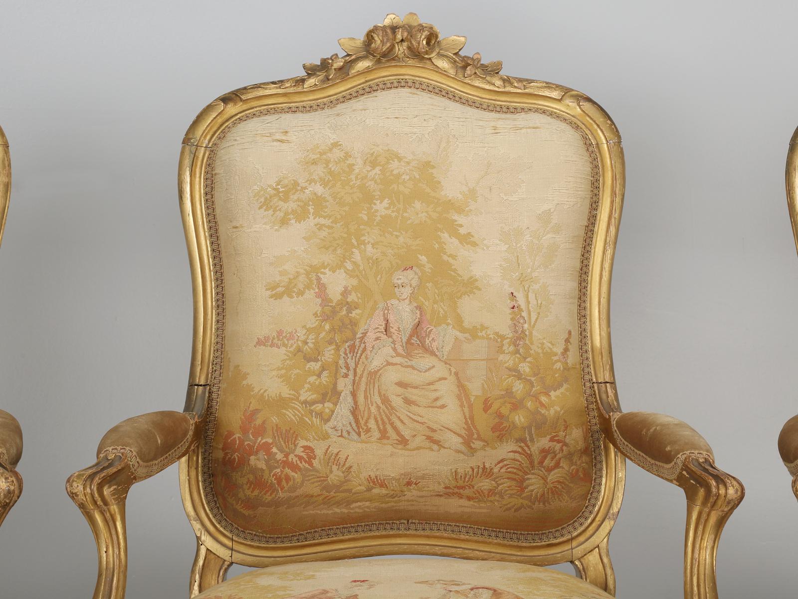 Hand-Carved Antique French Louis XV Style Arm Chairs in Original Fabric and Gilt Frames For Sale