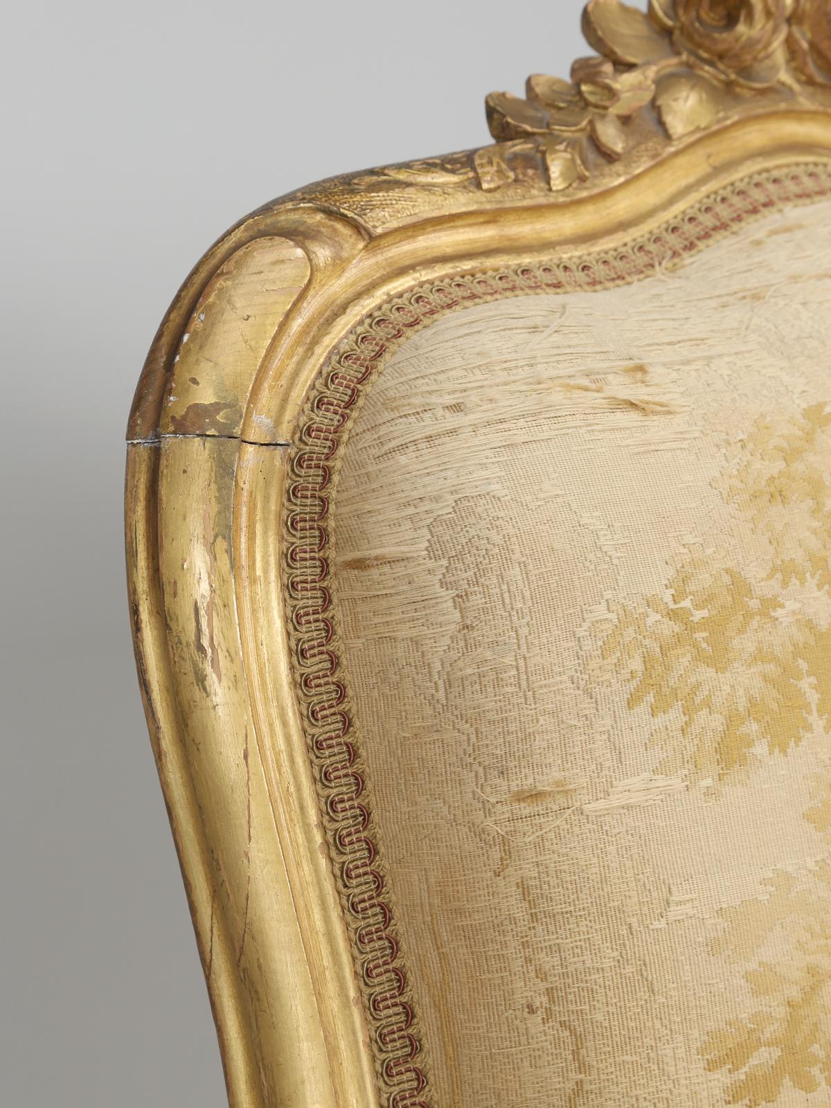 Antique French Louis XV Style Arm Chairs in Original Fabric and Gilt Frames For Sale 1