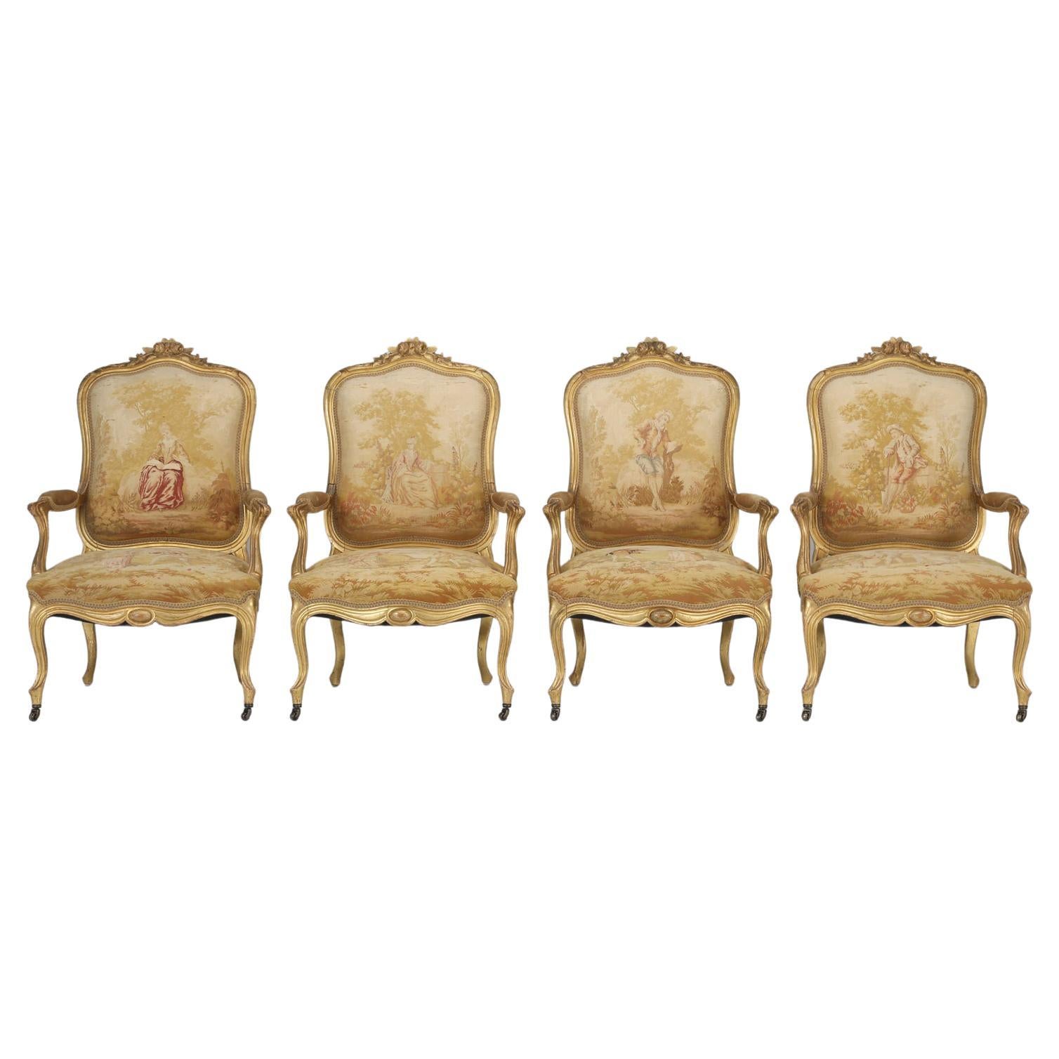 Antique French Louis XV Style Arm Chairs in Original Fabric and Gilt Frames For Sale