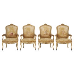 Antique French Louis XV Style Arm Chairs in Original Fabric and Gilt Frames